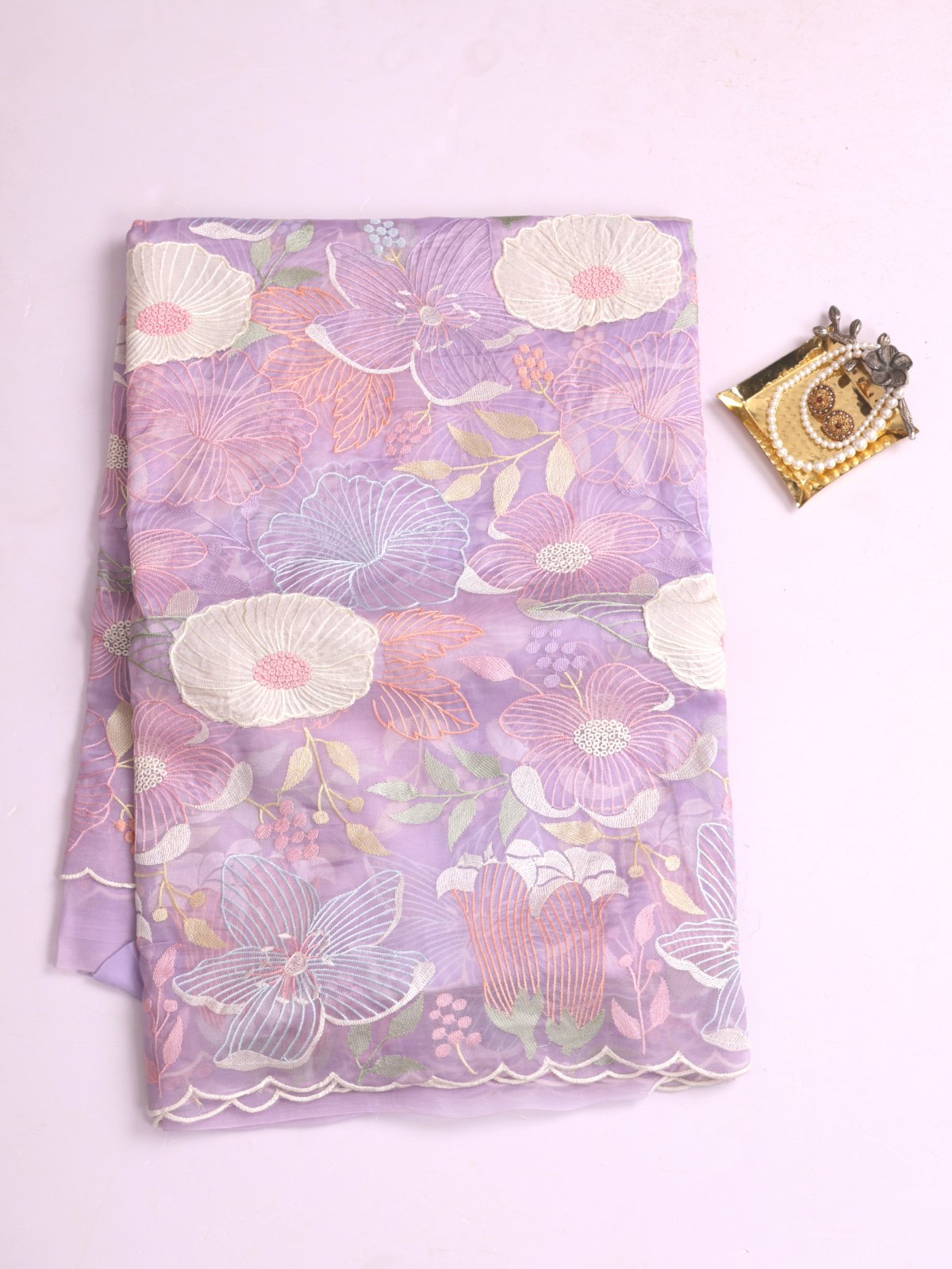 Lavender Embroidered Organza Silk Saree With Applique Work 