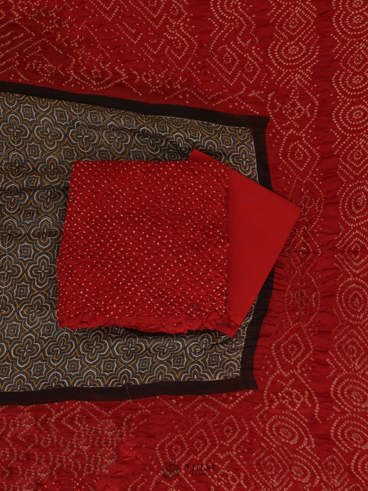 Red Bandhini Salwar Material With Ajrakh Dupatta