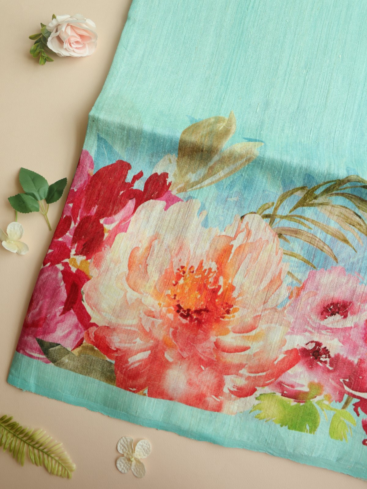 Light Blue Woven Matka Tussar Silk Saree With Floral Prints
