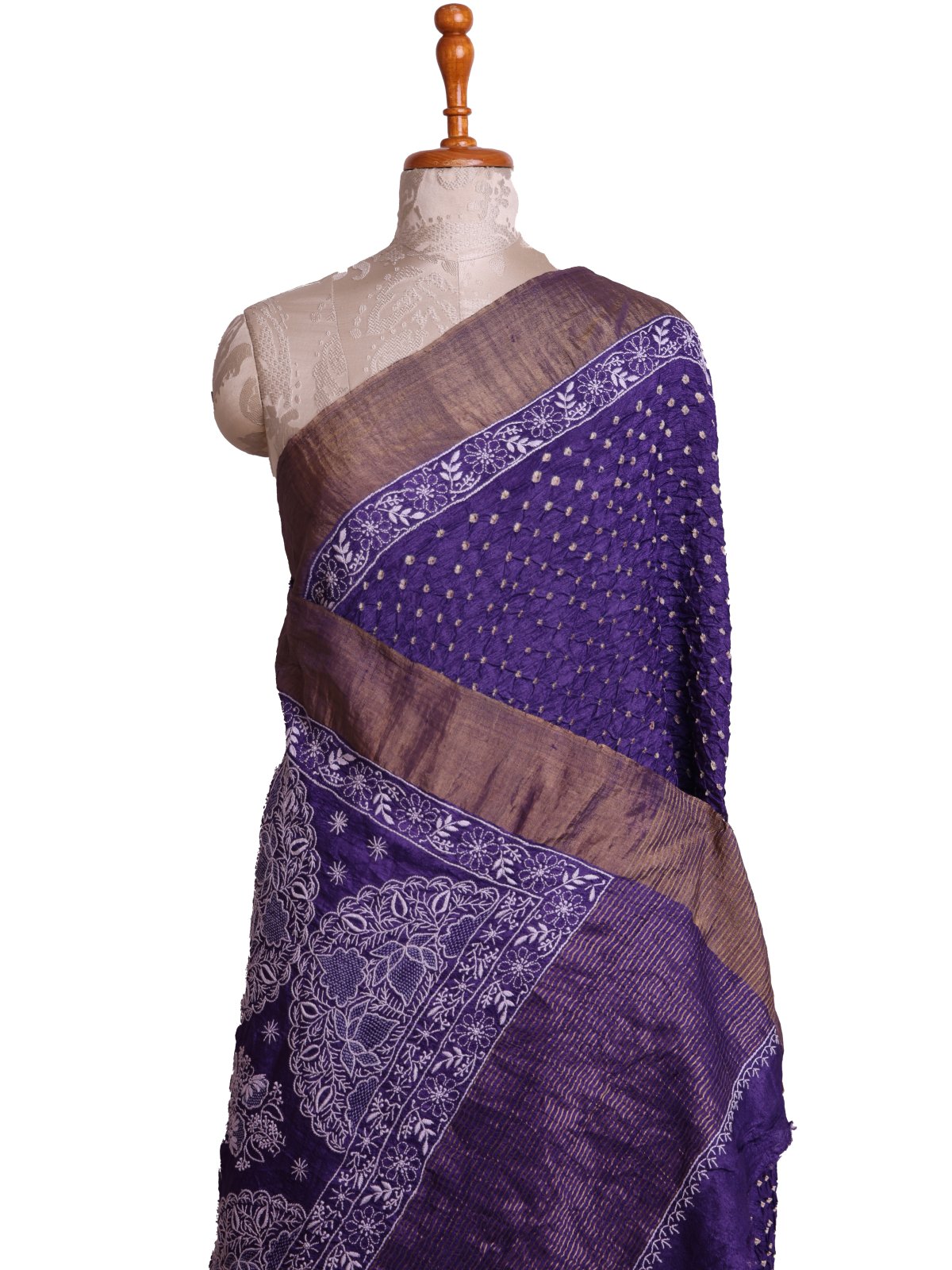 Dark Purple Bandhini Silk Saree With Chikankari Embroidery