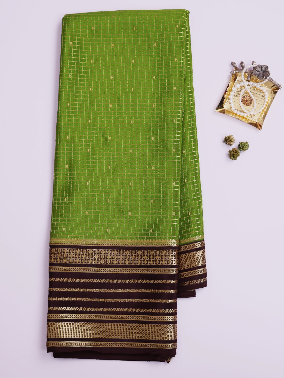 Mehndi Green Zari Checked Mysore Silk Saree With Brown Border