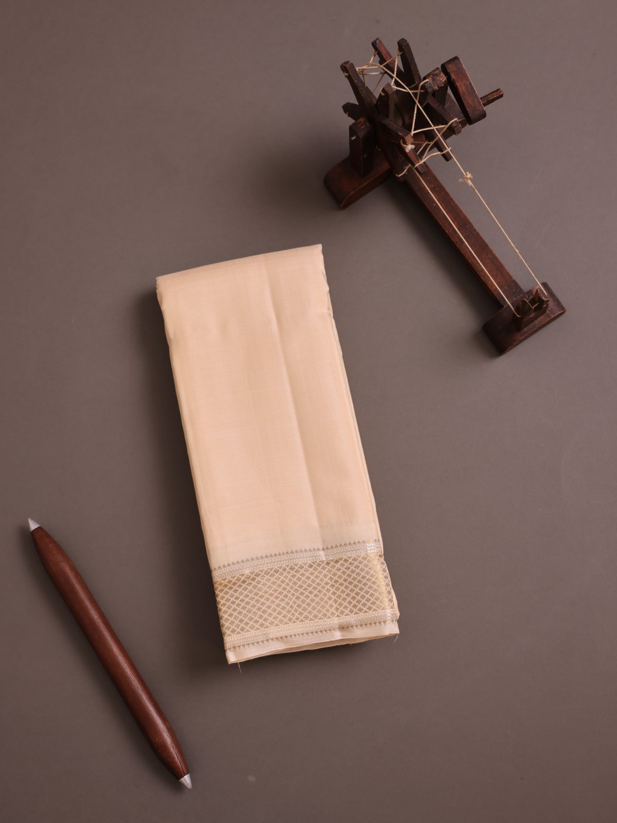 Light Brow Silk Dhoti With Zari Border 