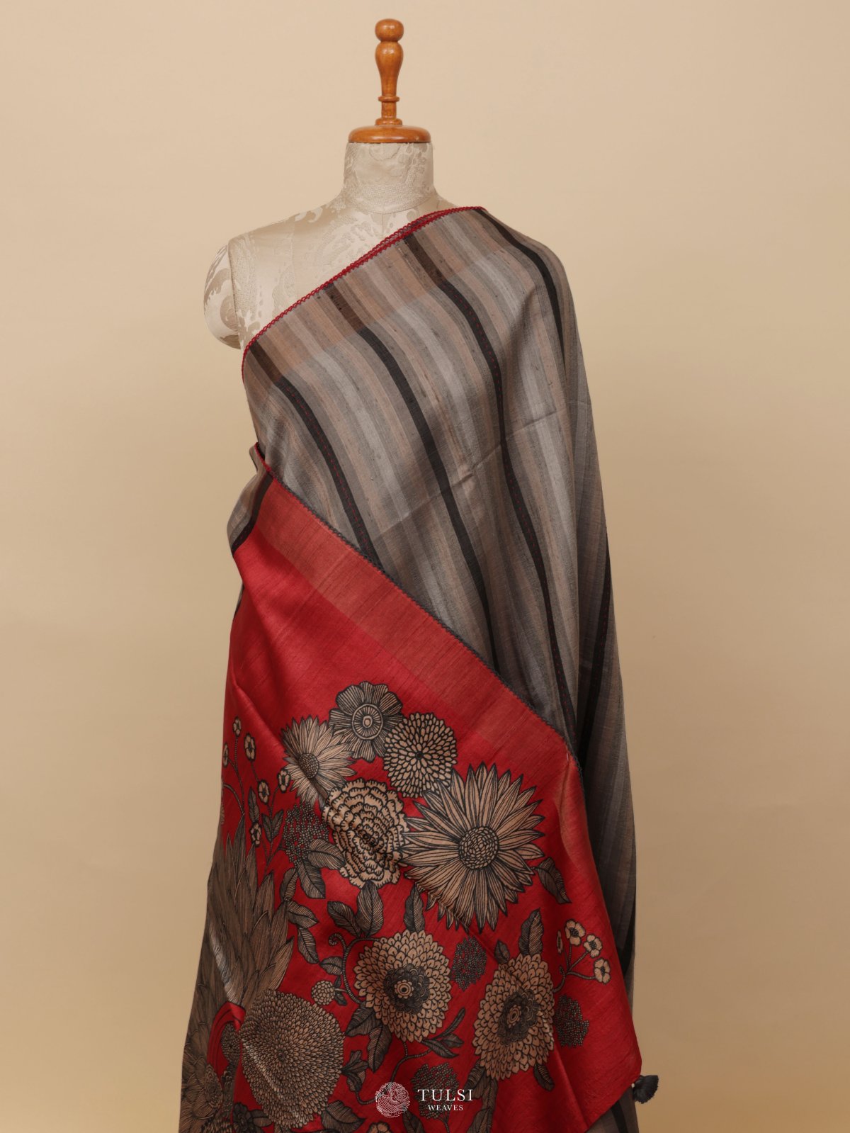 Multicolour Stripes Printed Tussar Silk Saree