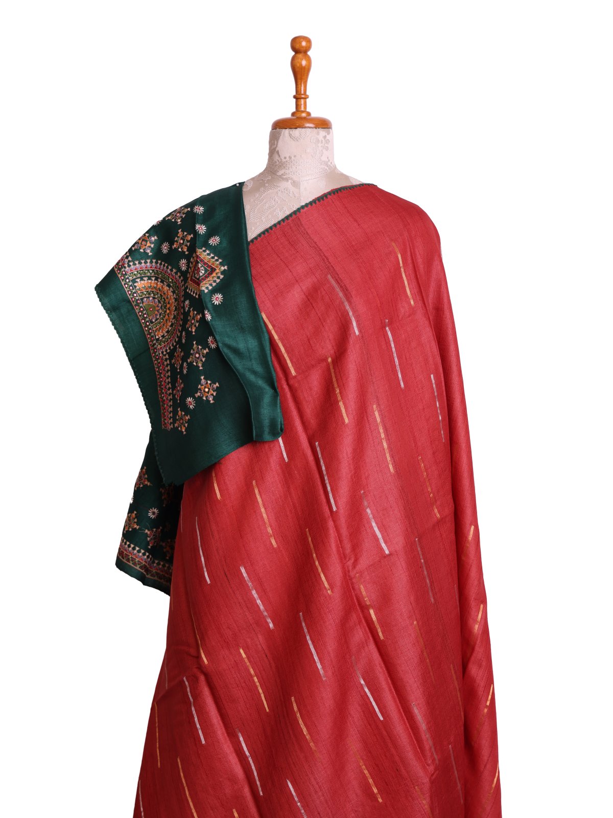 Dusty Red Tussar Silk Saree with Kutch Embroidered Blouse