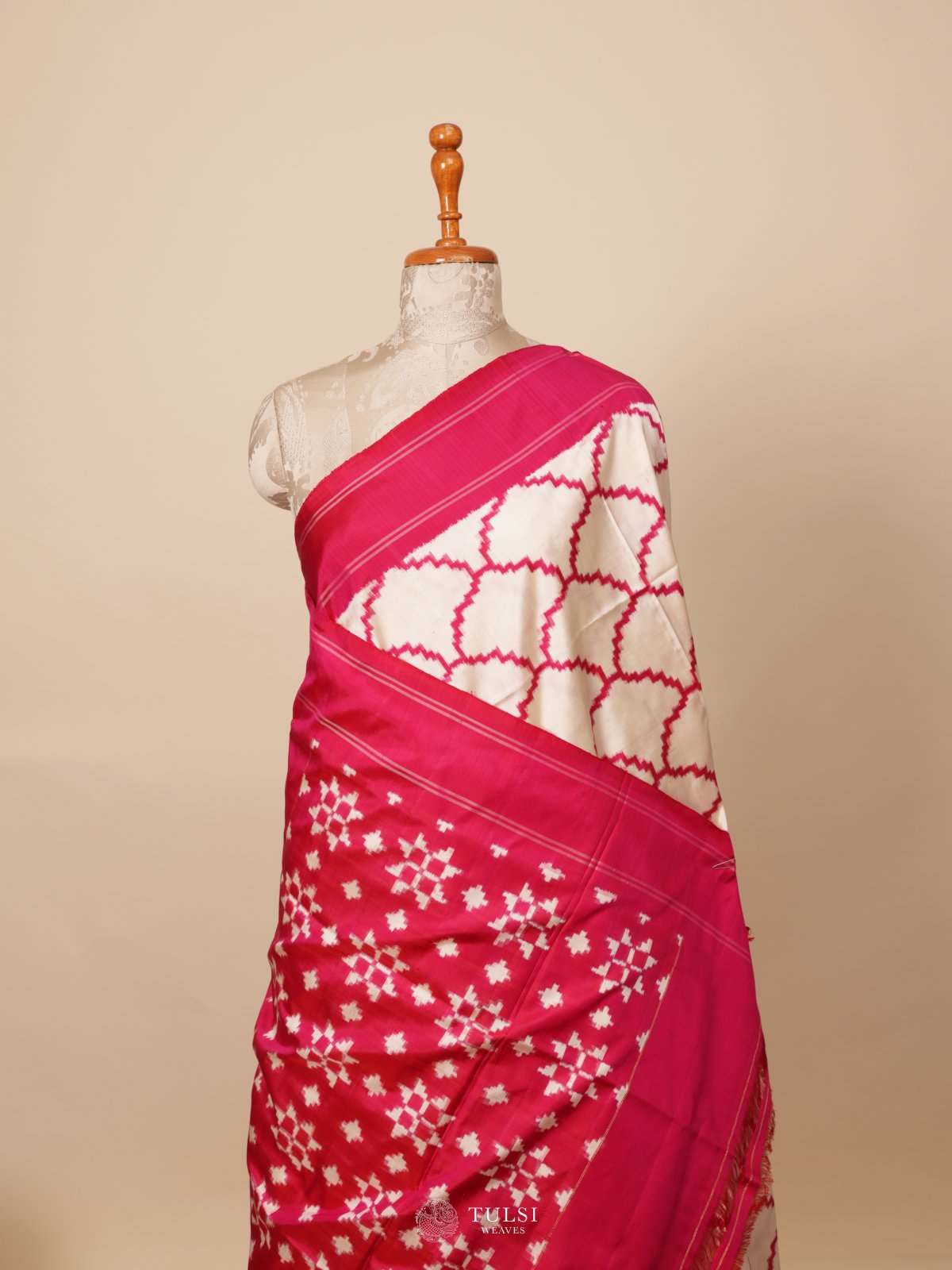 Off White Ikat Silk Saree With Pink Border