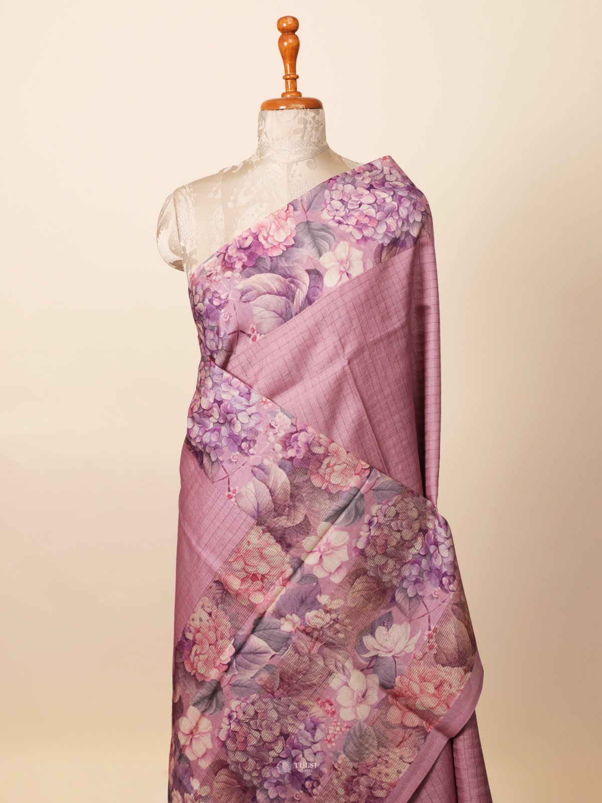 Purple Printed Tussar Silk Saree
