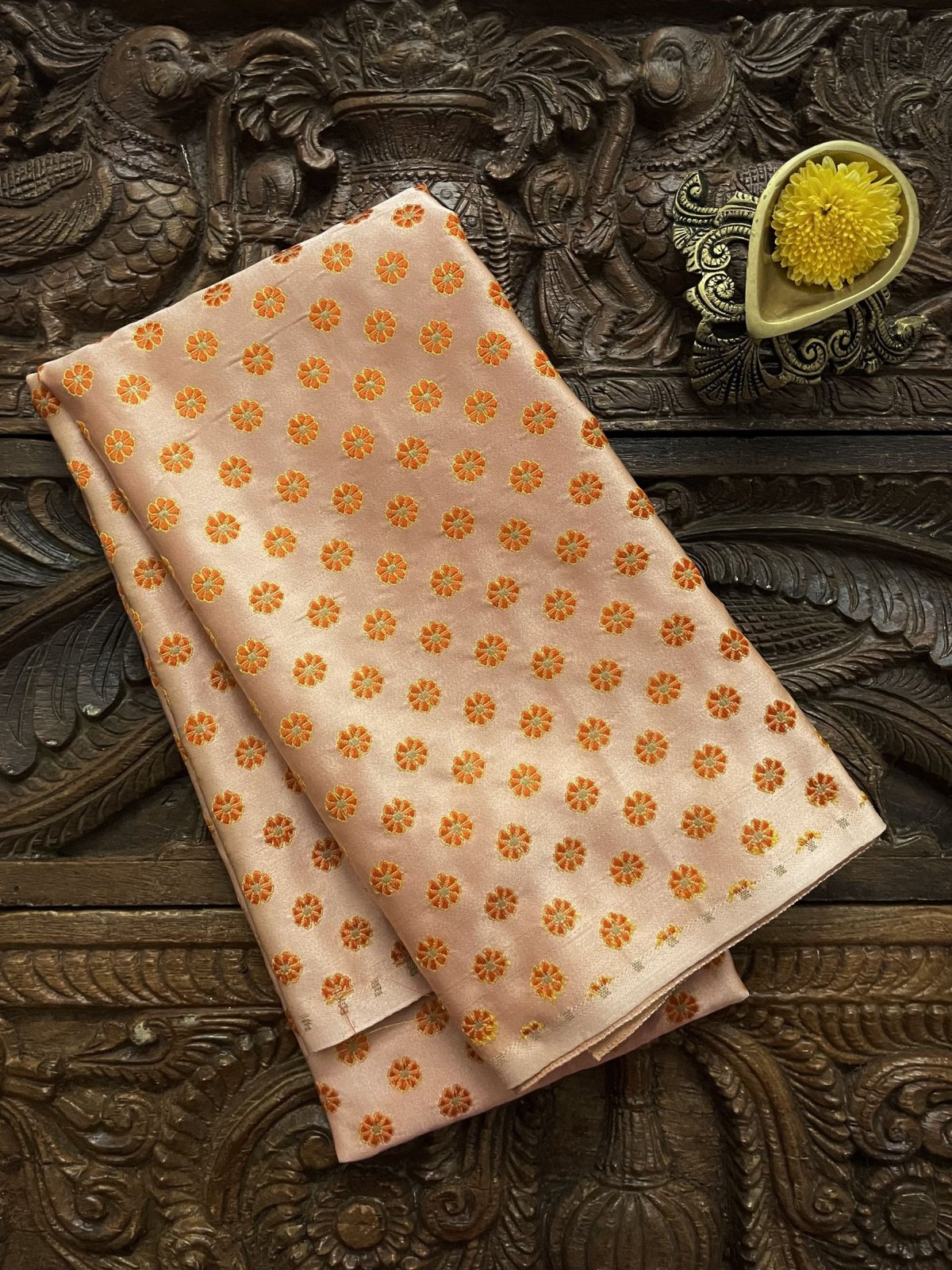 Orange Satin Weave Banaras Silk  Blouse With Floral Butties