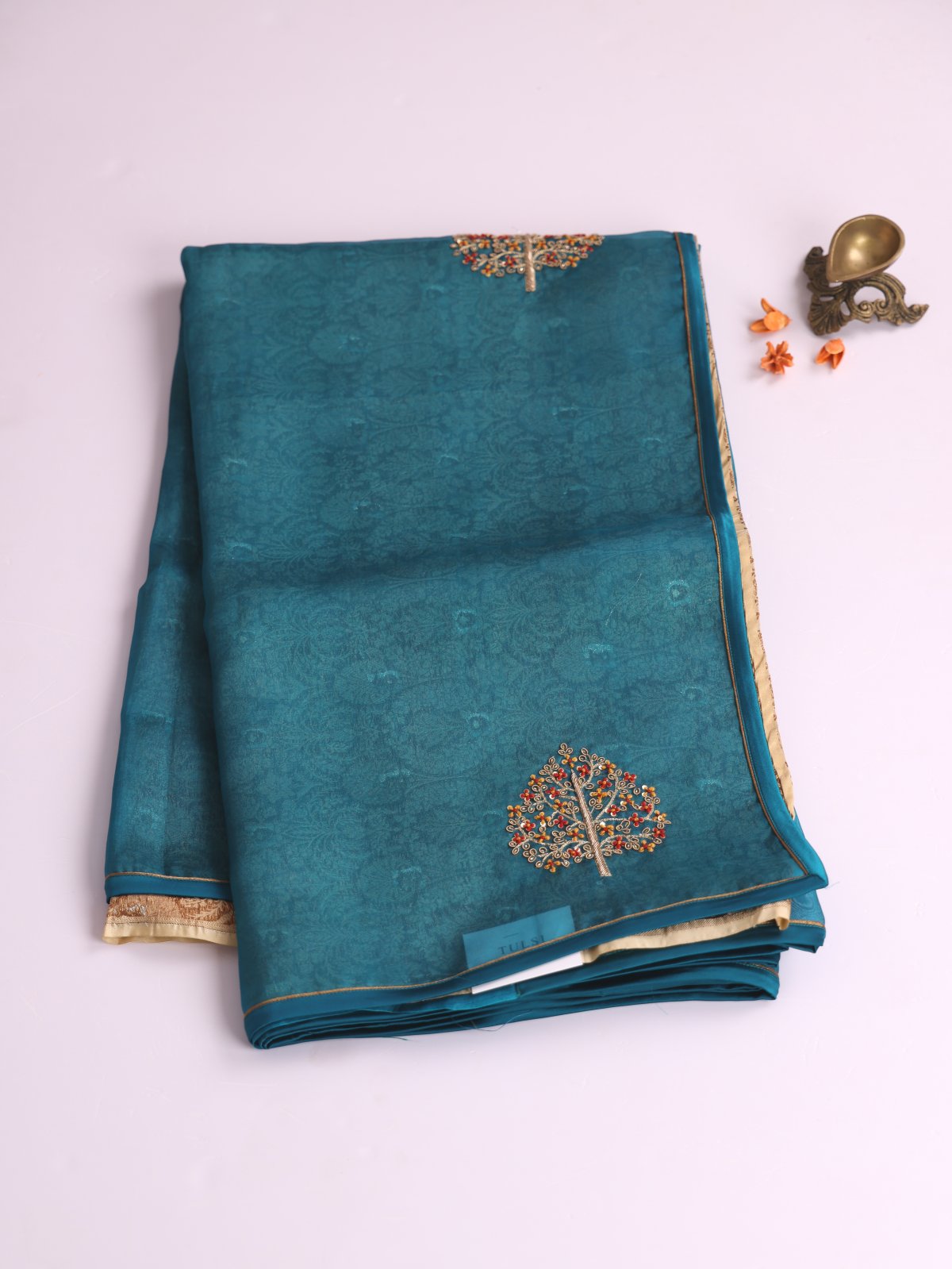 Peacock Blue Embroidered Organza Silk Saree 