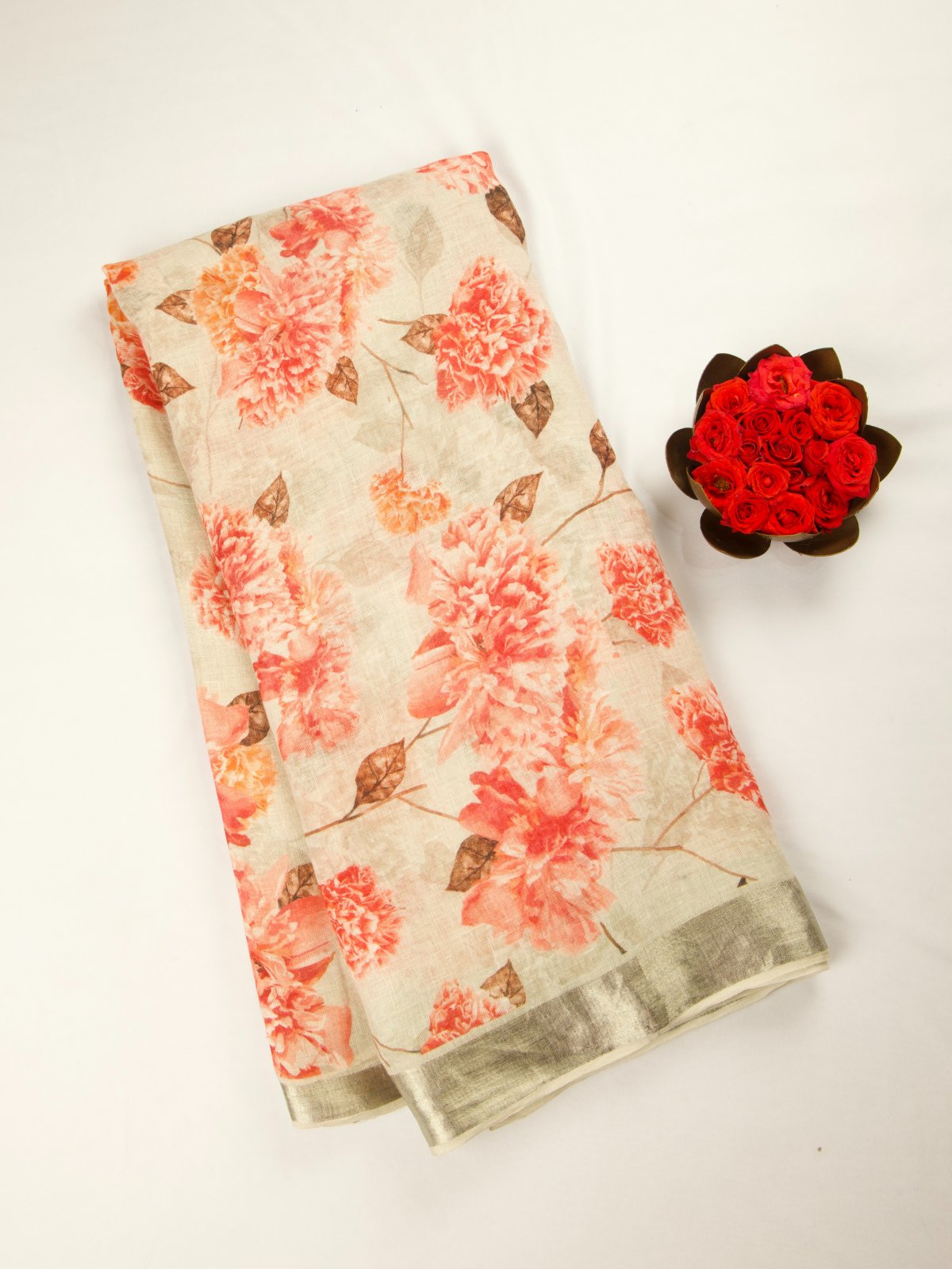 Off-White Floral Prints Linen Saree