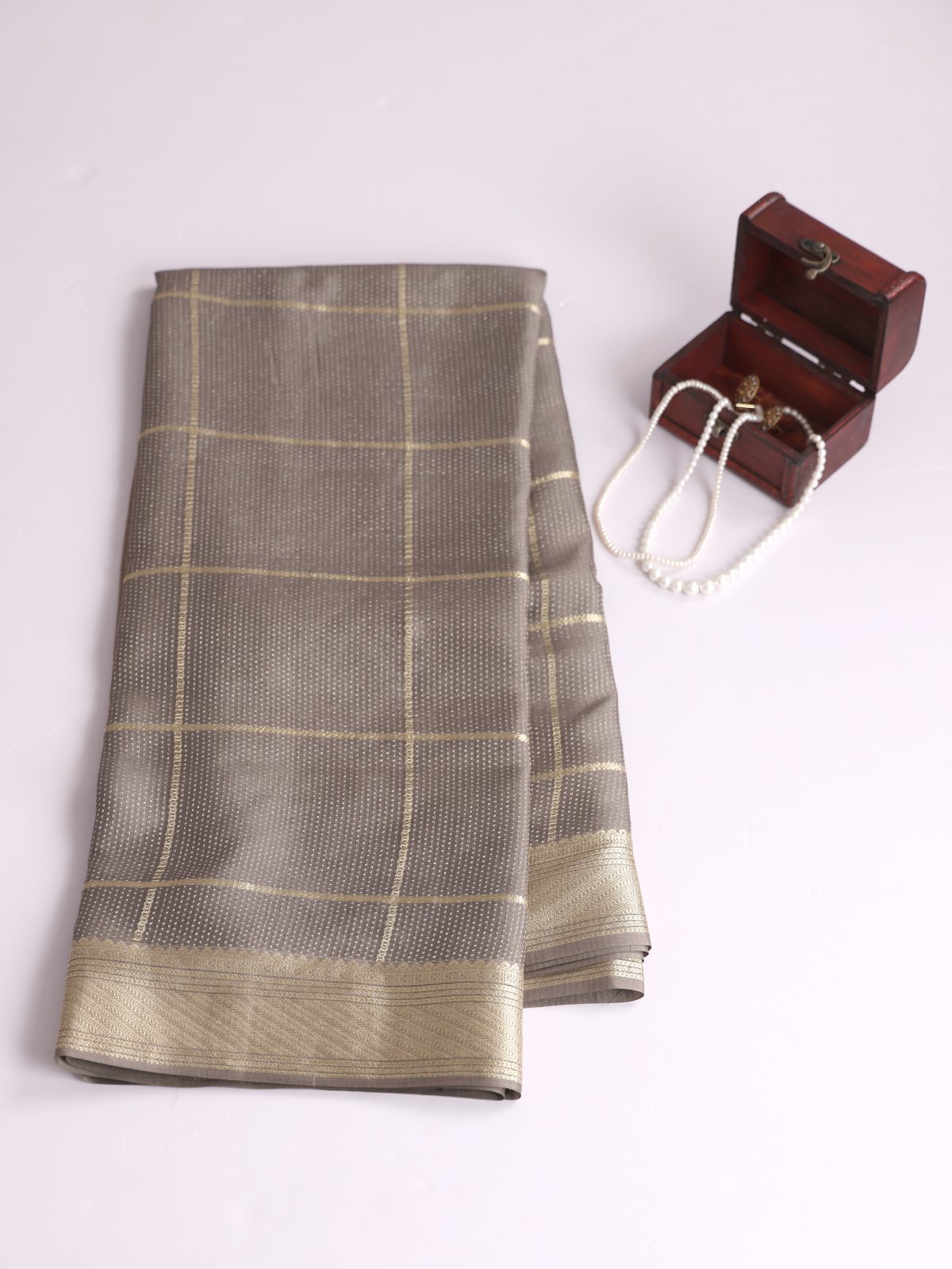 Grey Zari Checked Mysore Crepe Silk Saree