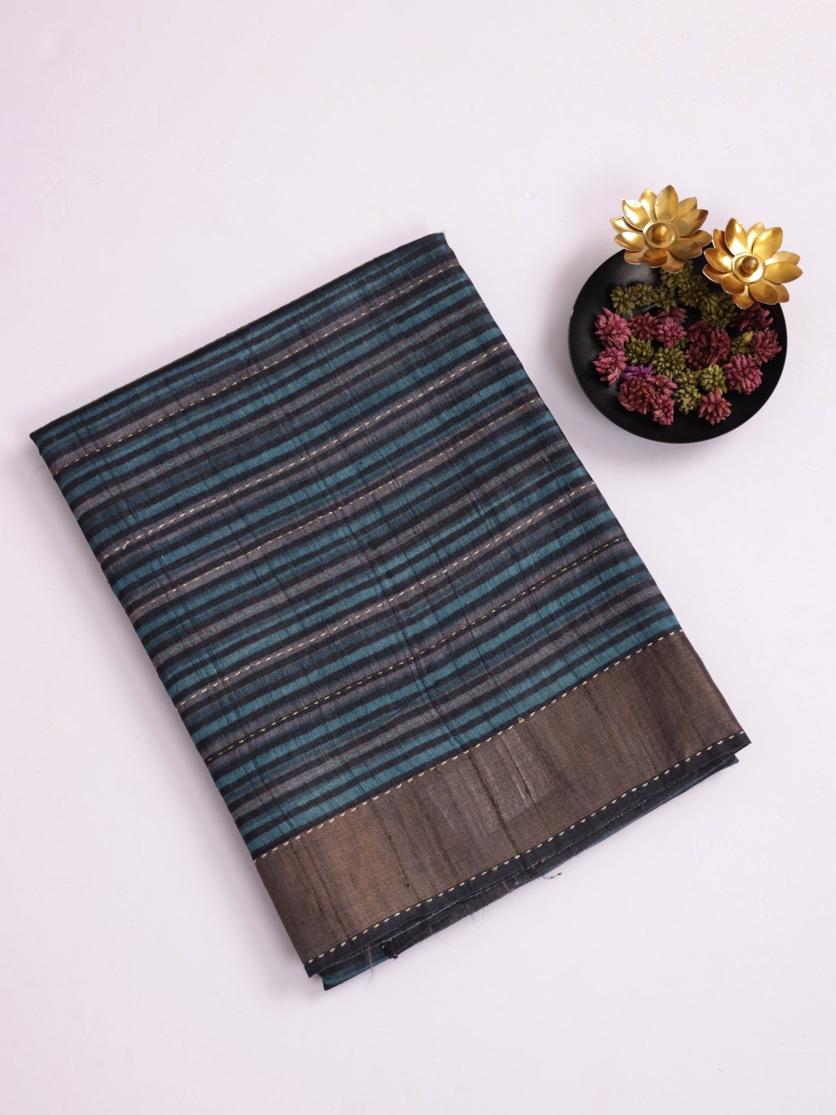 Tri color Striped Printed Tussar Silk Saree With Kantha Embroidery