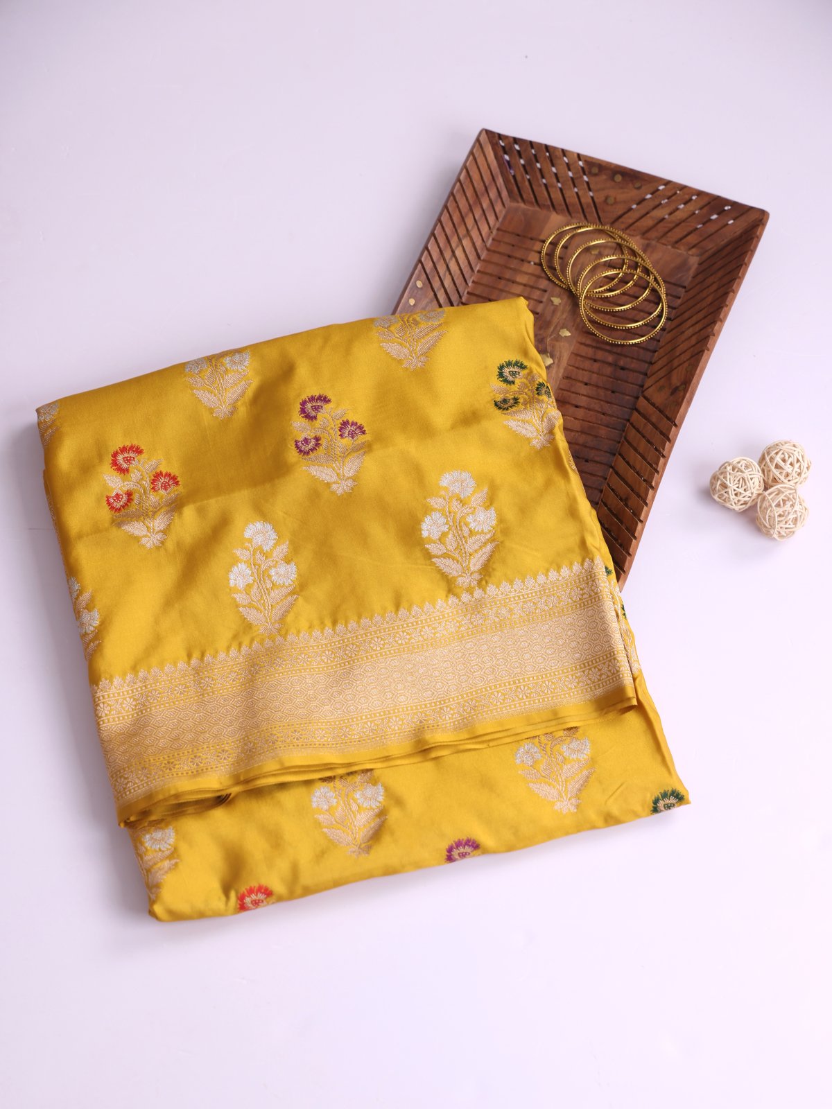 Mustard Yellow Banaras Silk Saree with Zari Border