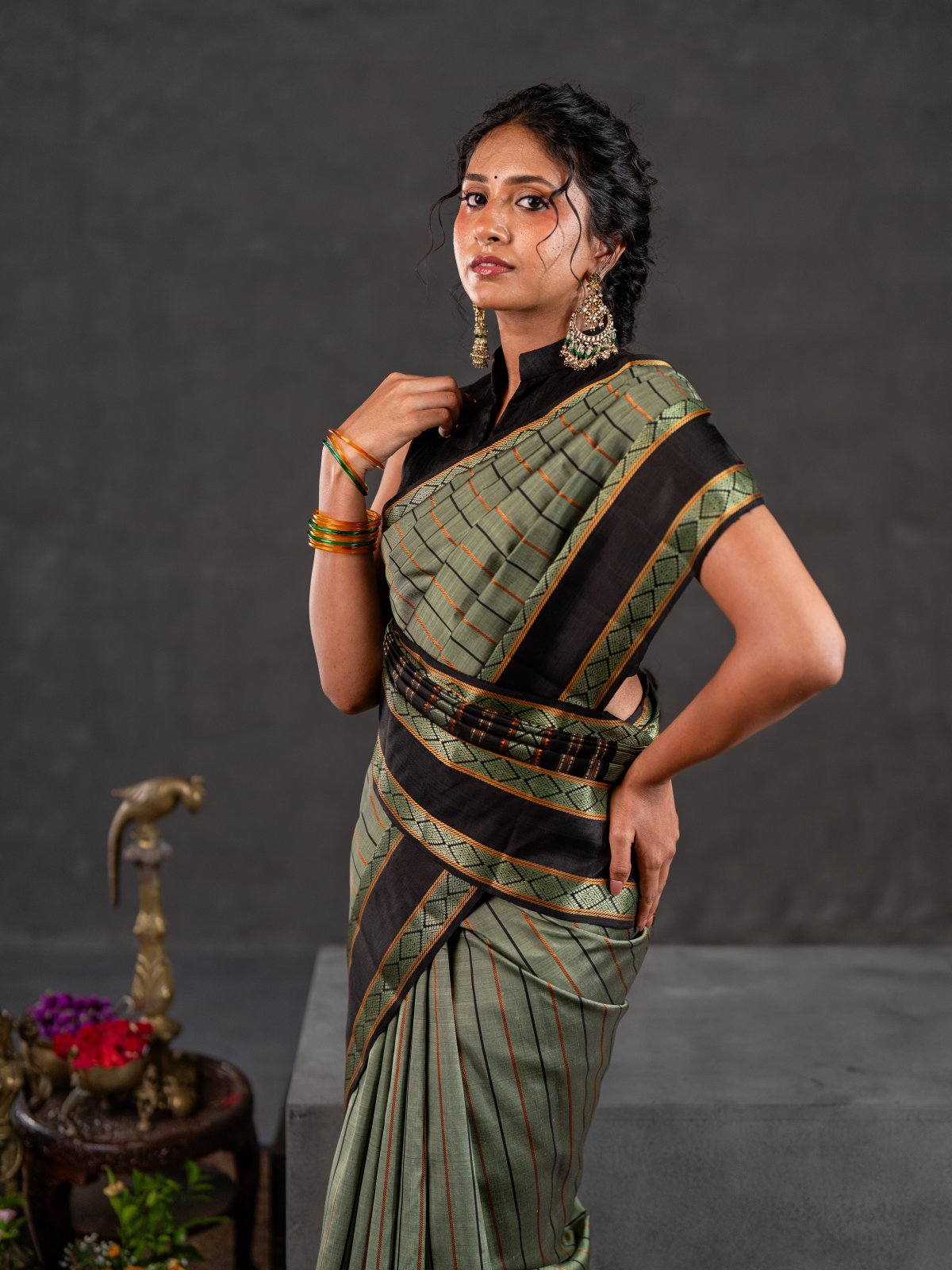 Crafted 41 - Dusty Mehndi Green Striped Kanjeevaram Silk Saree With Black Pattupettu Border