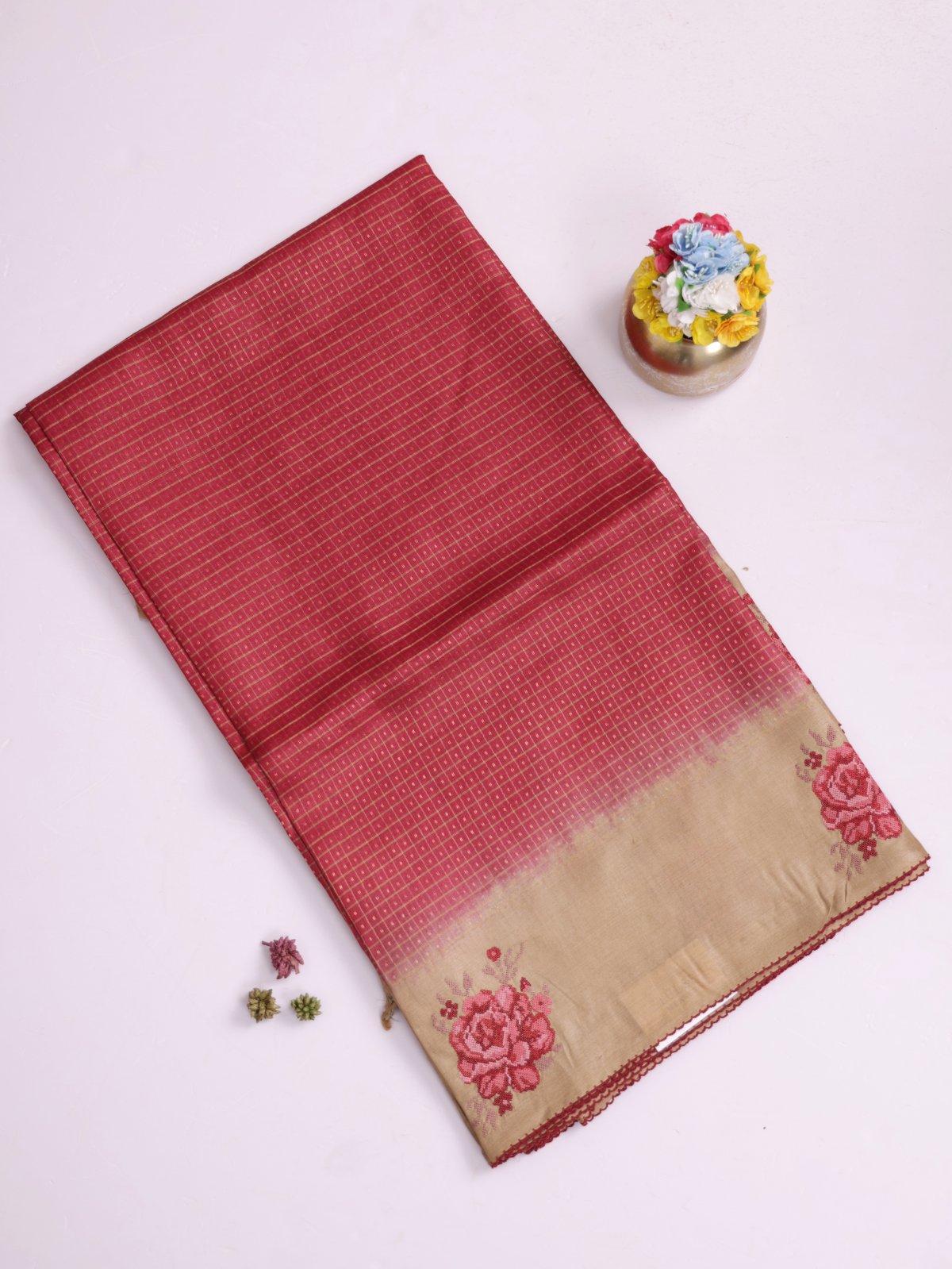 Red Zari Checked Tussar Silk Saree With Cross-Stitch Embroidery
