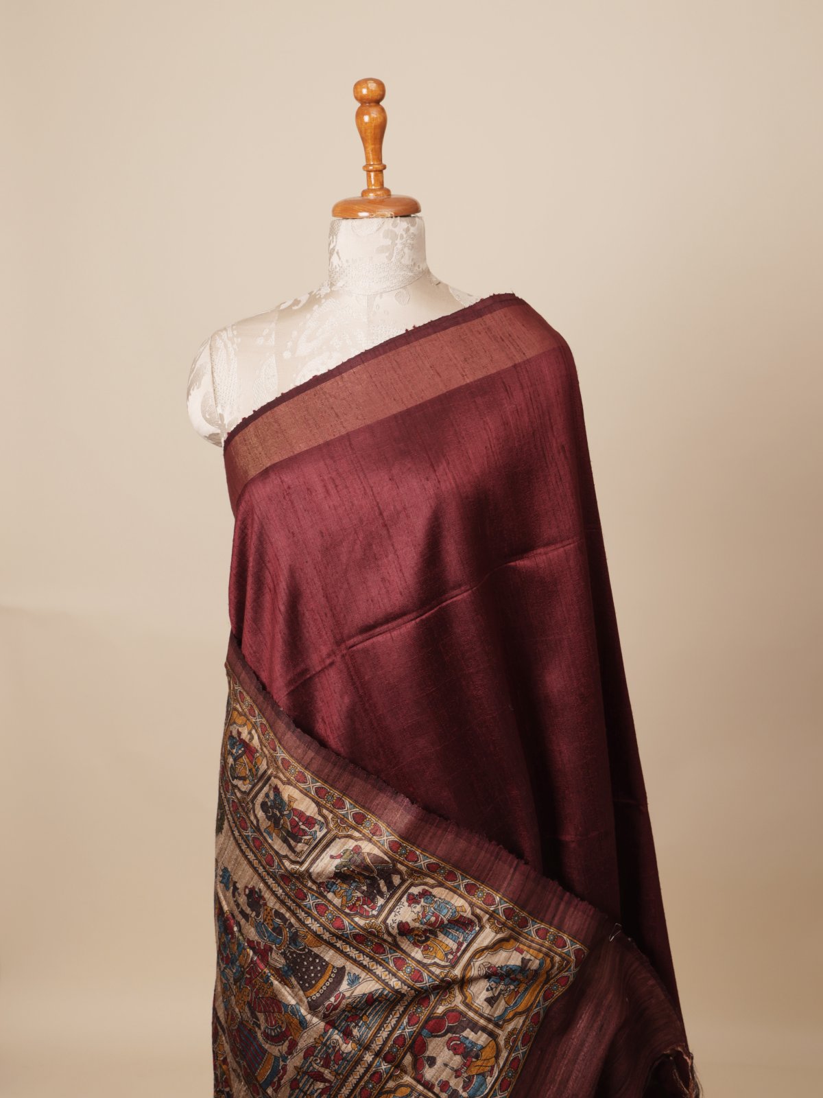 Dark Maroon Tussar Silk Saree With Kalamkari Print