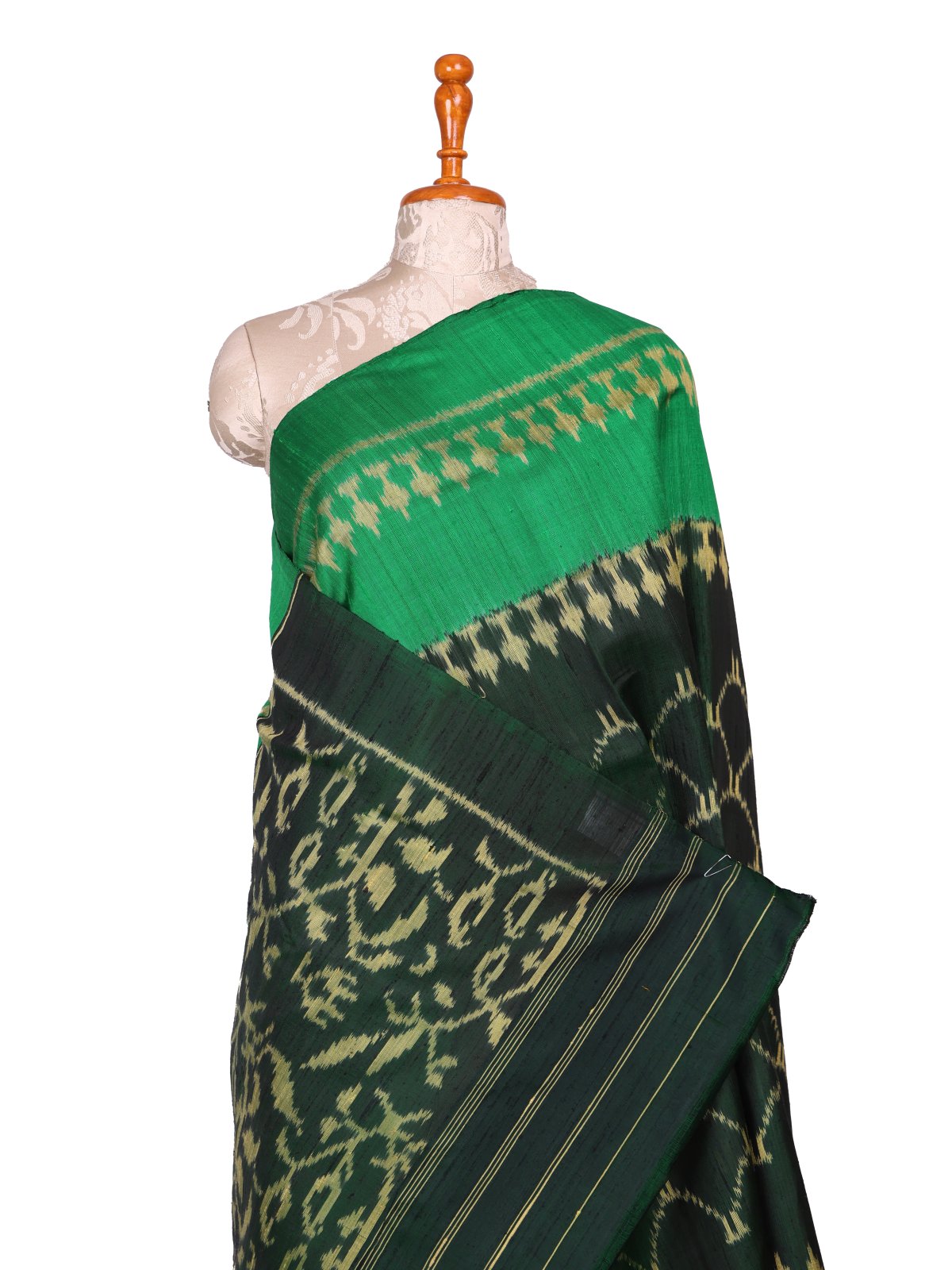 Bottle Green Raw Silk Patola Saree With Ganga Jamuna Border