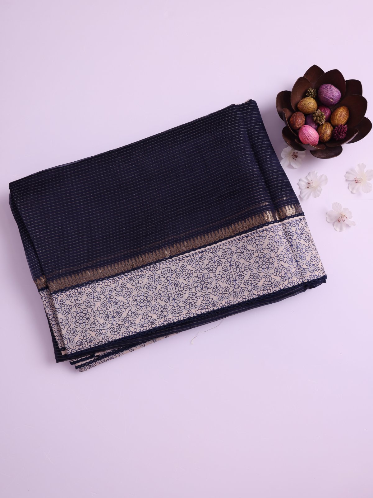 Navy Blue Organza Silk Saree With Beige Border