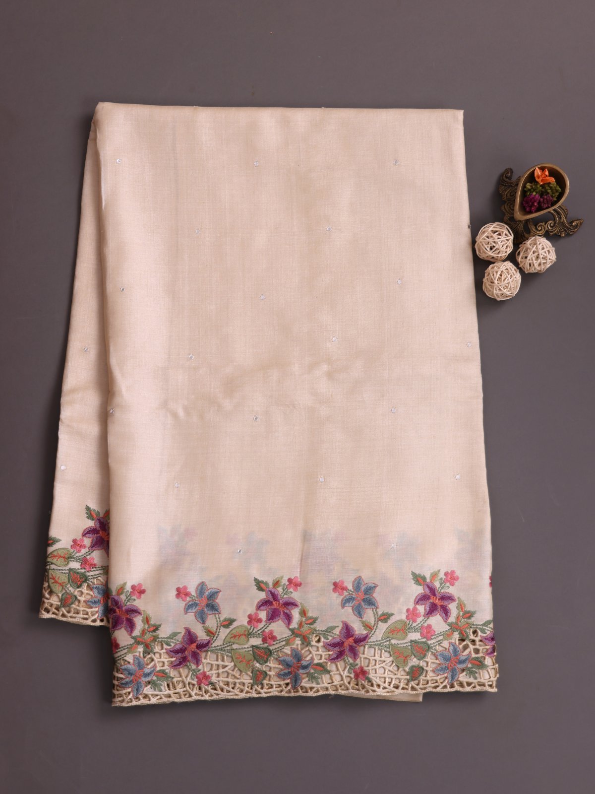 Off- White Tussar Silk Saree With Embroidered Cutwork Border