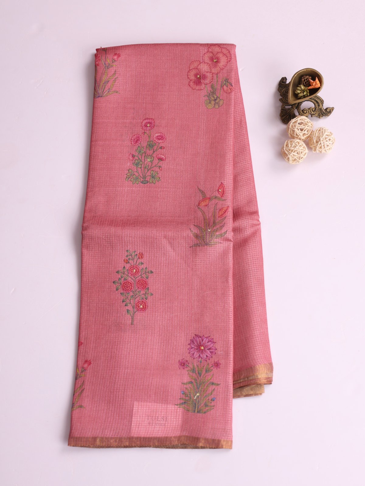 Pink Printed Tussar Silk Saree