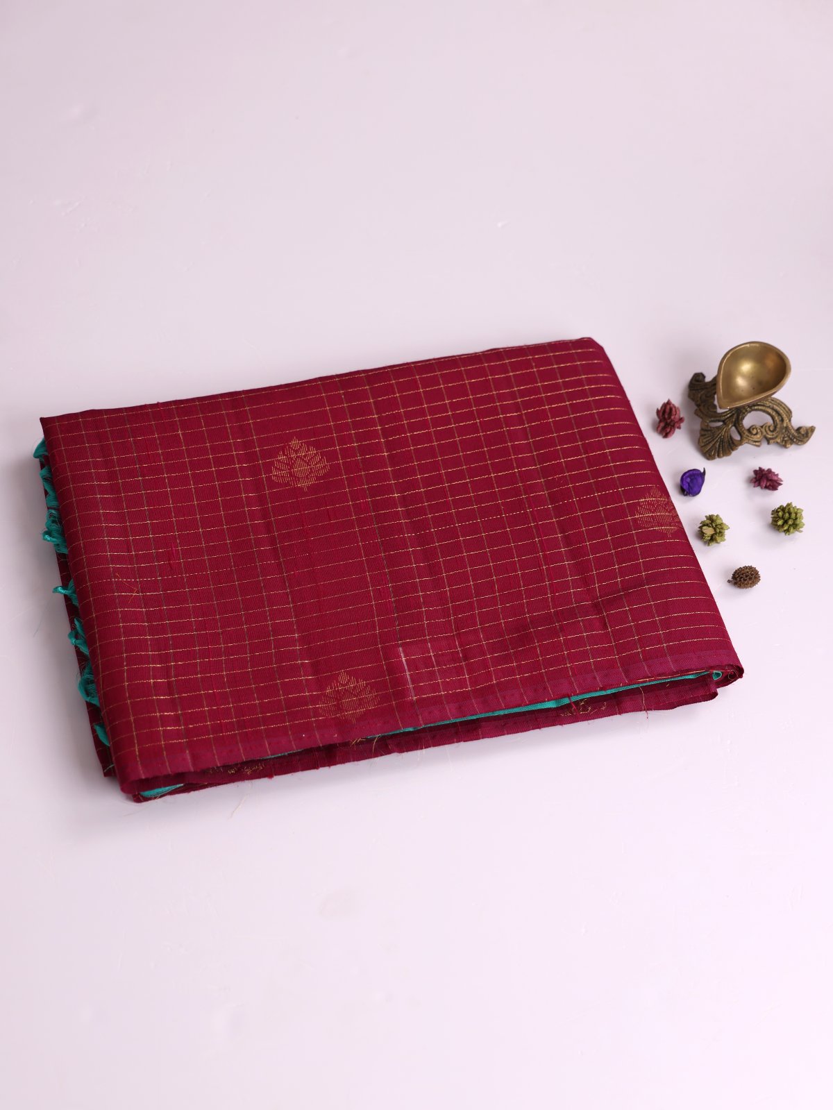 Wine Red Zari Checked Raw Silk Saree