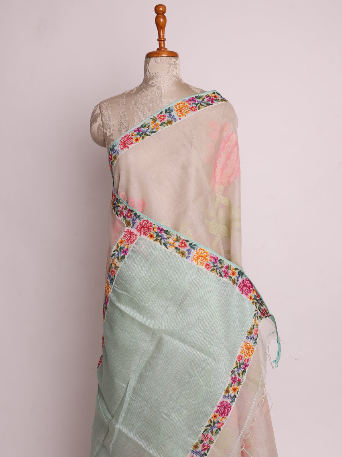 Light Green Kora Jamdani Silk Saree With Petite Point Embroidered  Small Border