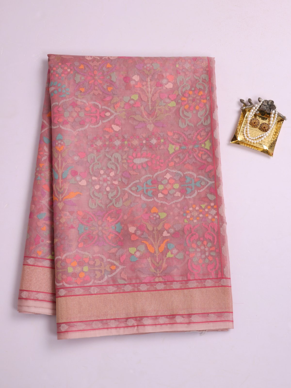 Pastel Pink Kora Jamdani Silk Saree With Zari Border