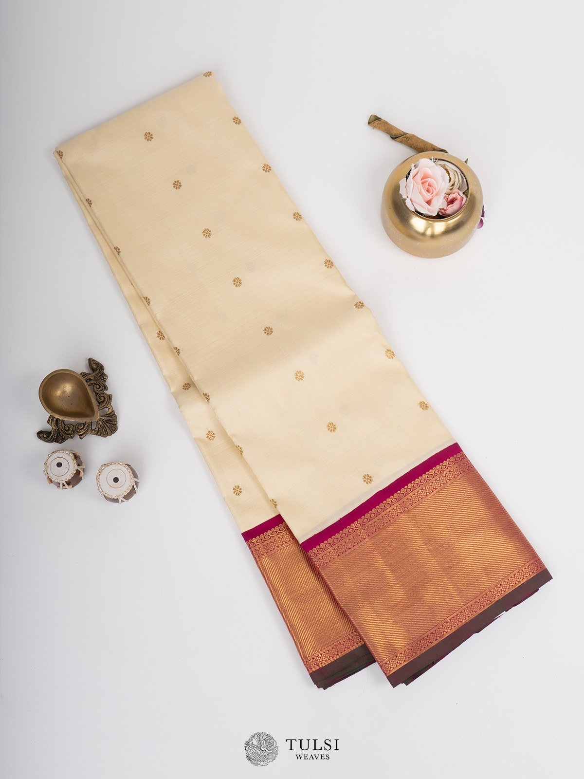 Off-White Kanjeevaram Silk Saree with Magenta border