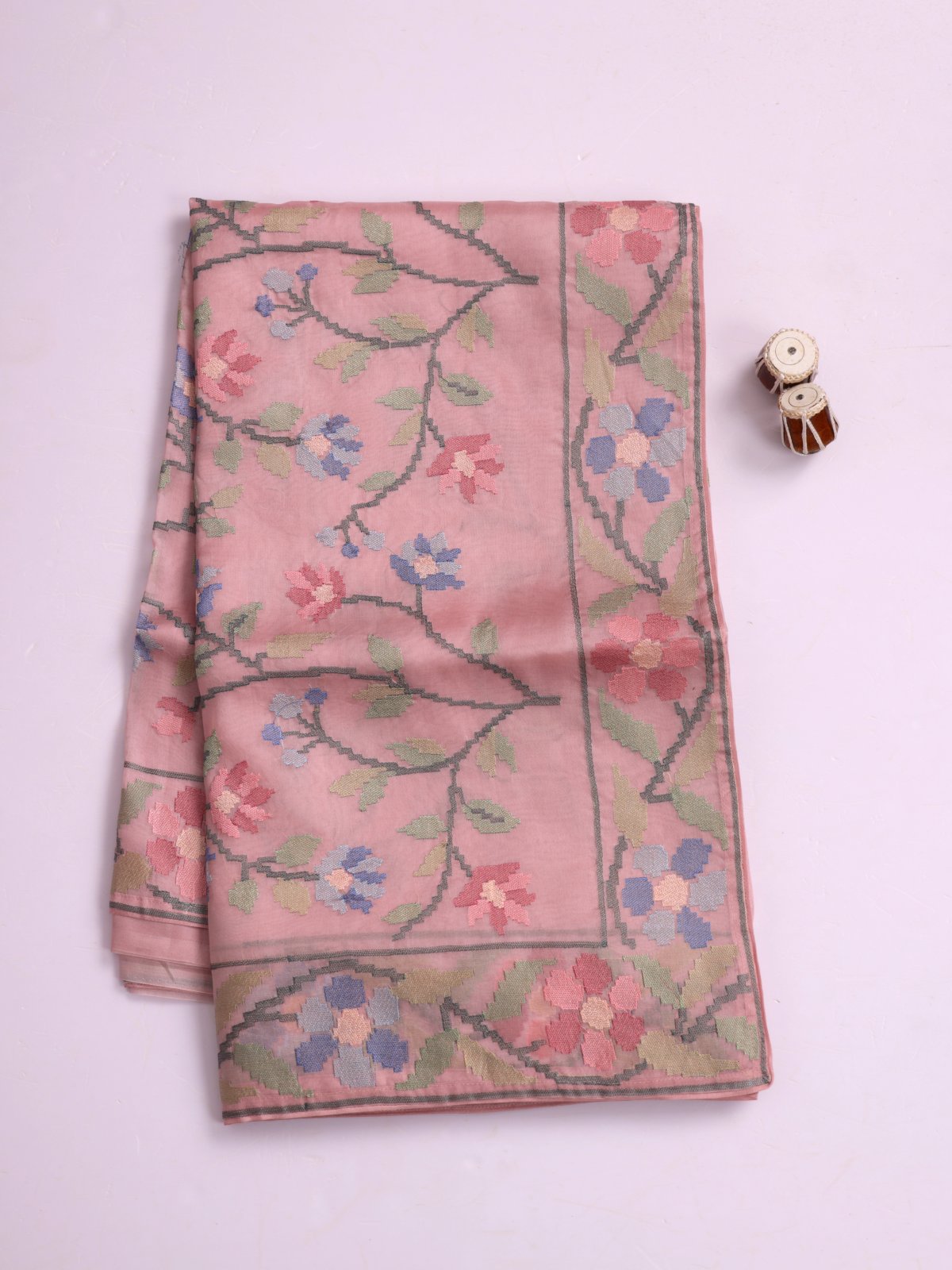 Pastel Pink Embroidered Organza Silk Saree