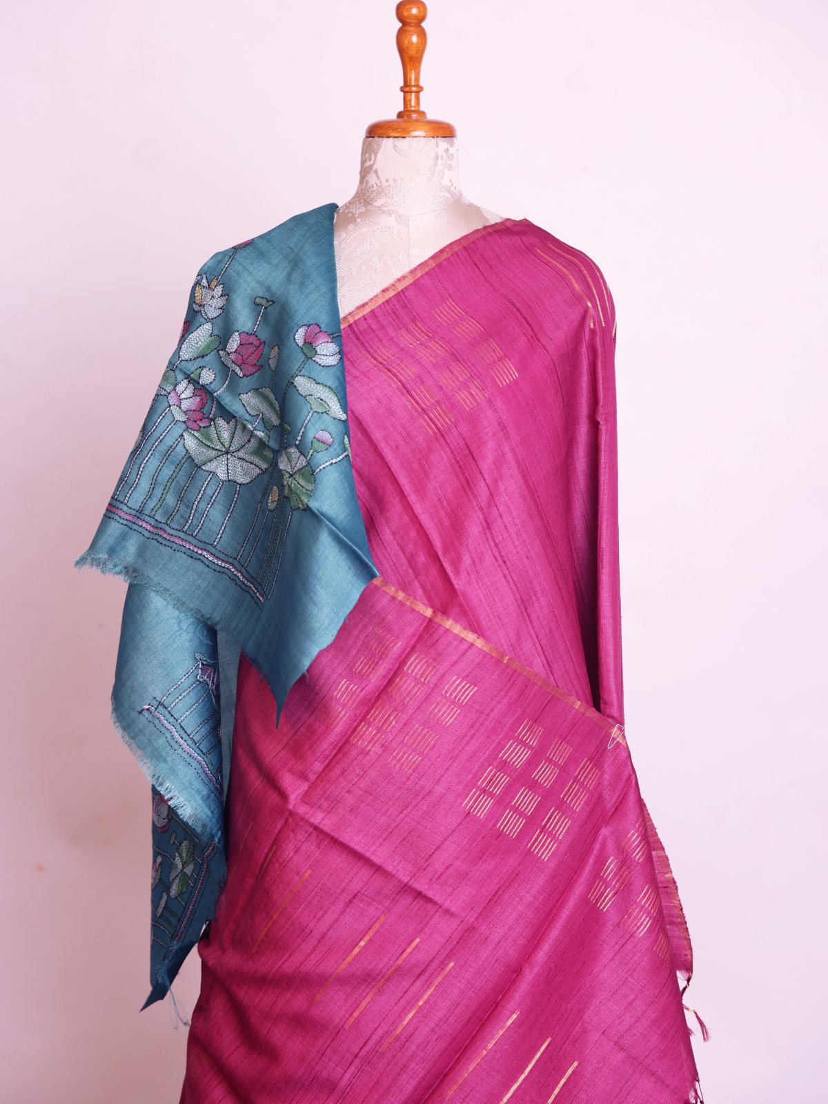 Purple Tussar Silk Saree with Dusty Blue Embroidered Blouse