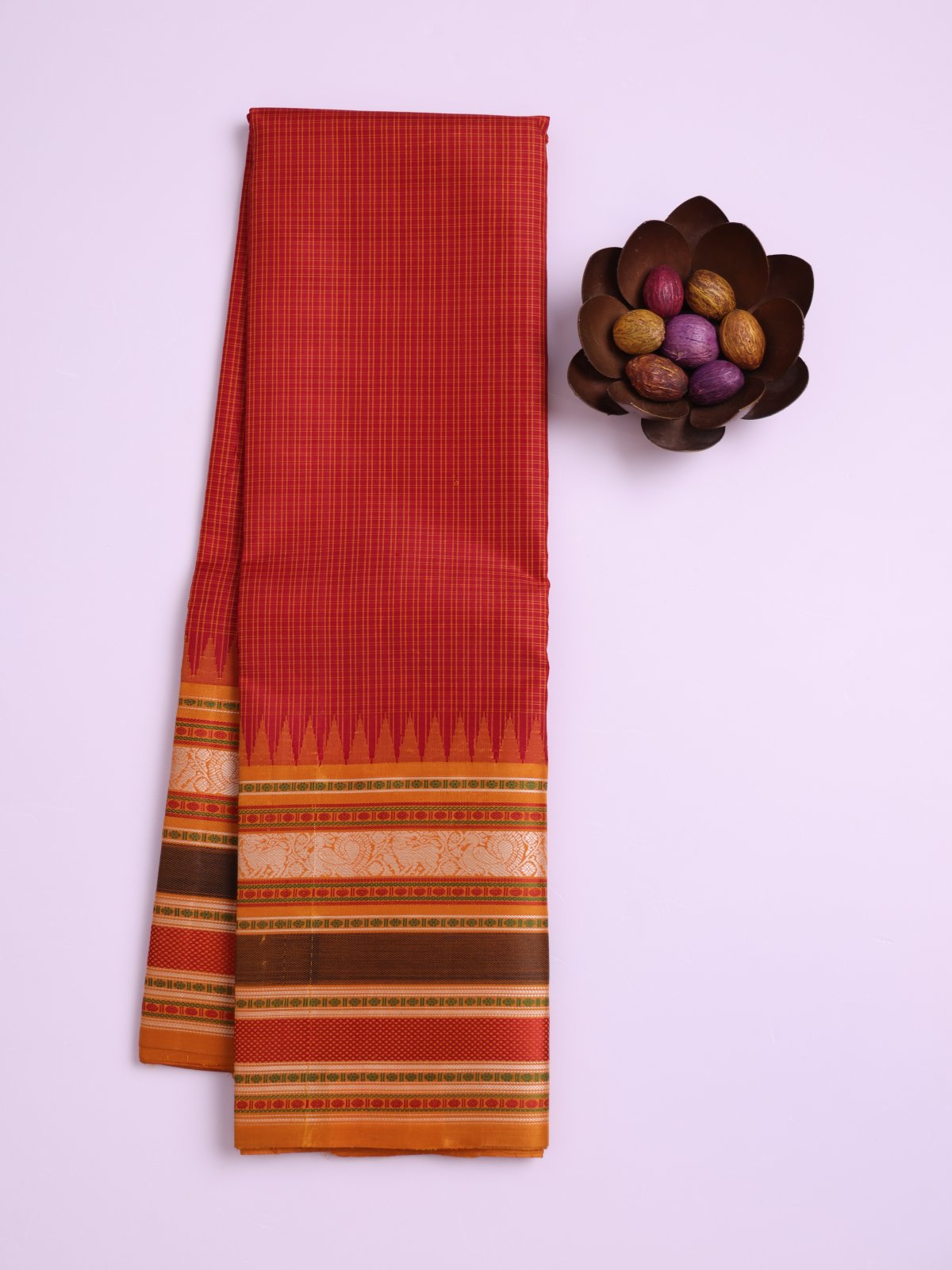 Burnt Red Checked Kanjeevaram Pattu Pettu Silk Saree with Mustard Yellow Border