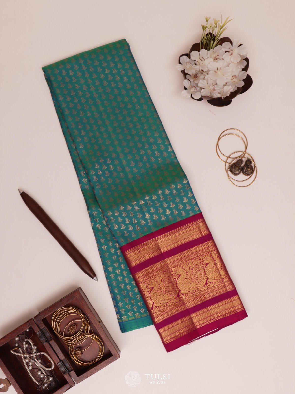 Peacock Green Kanjeevaram Silk Pavadai With Magenta Border