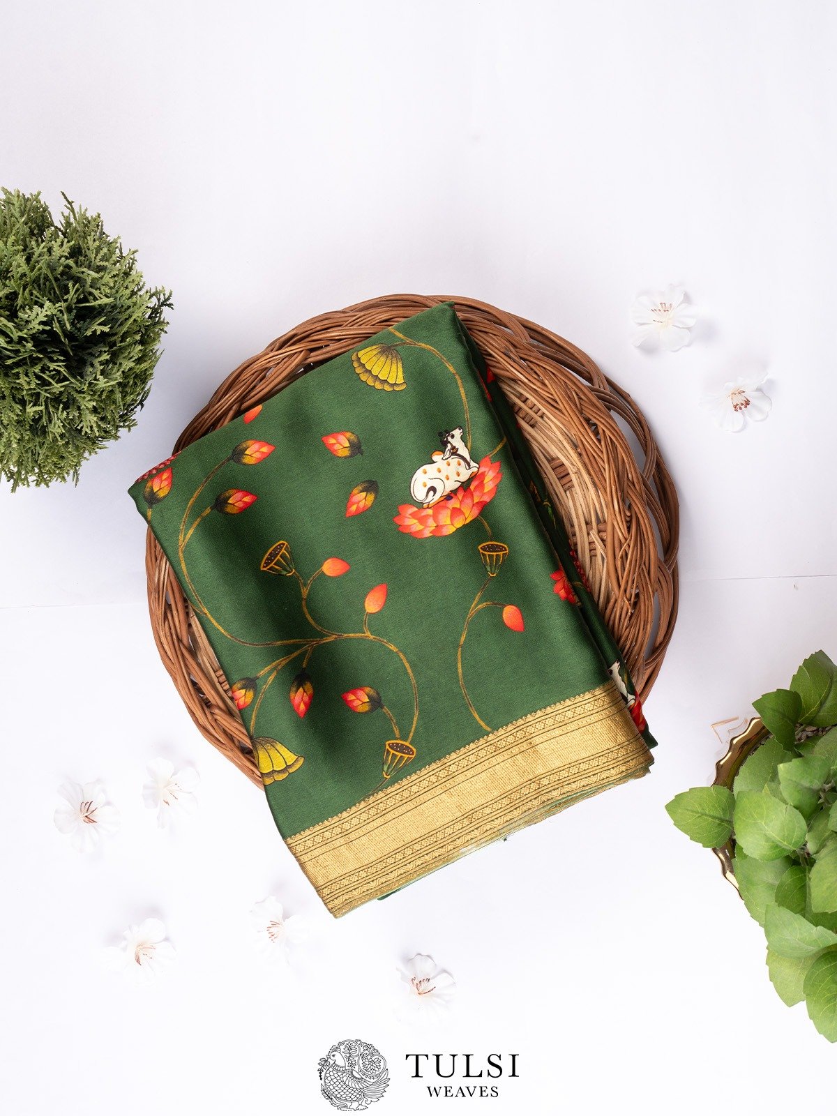 Green Gaji Silk Saree With Pichhwai Print Design