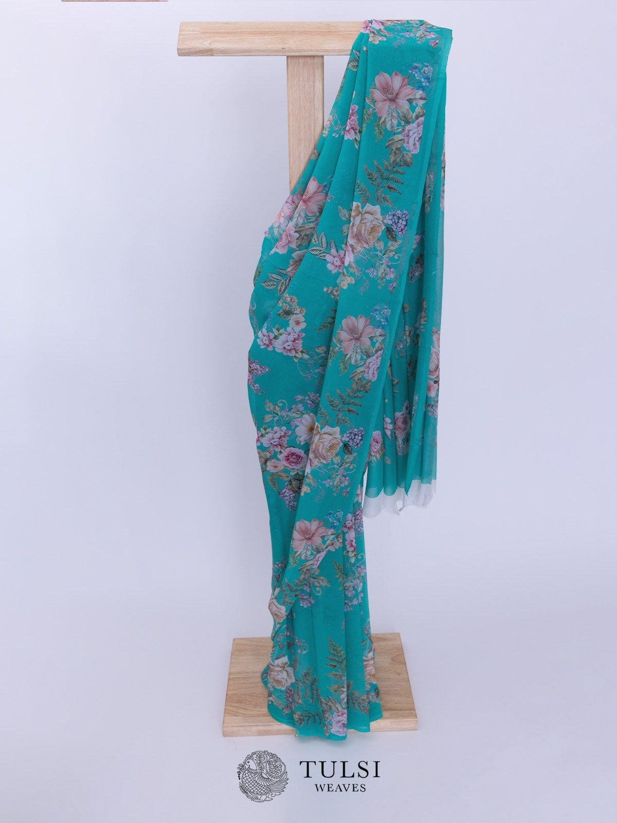 Teal Green Printed Chiffon Saree