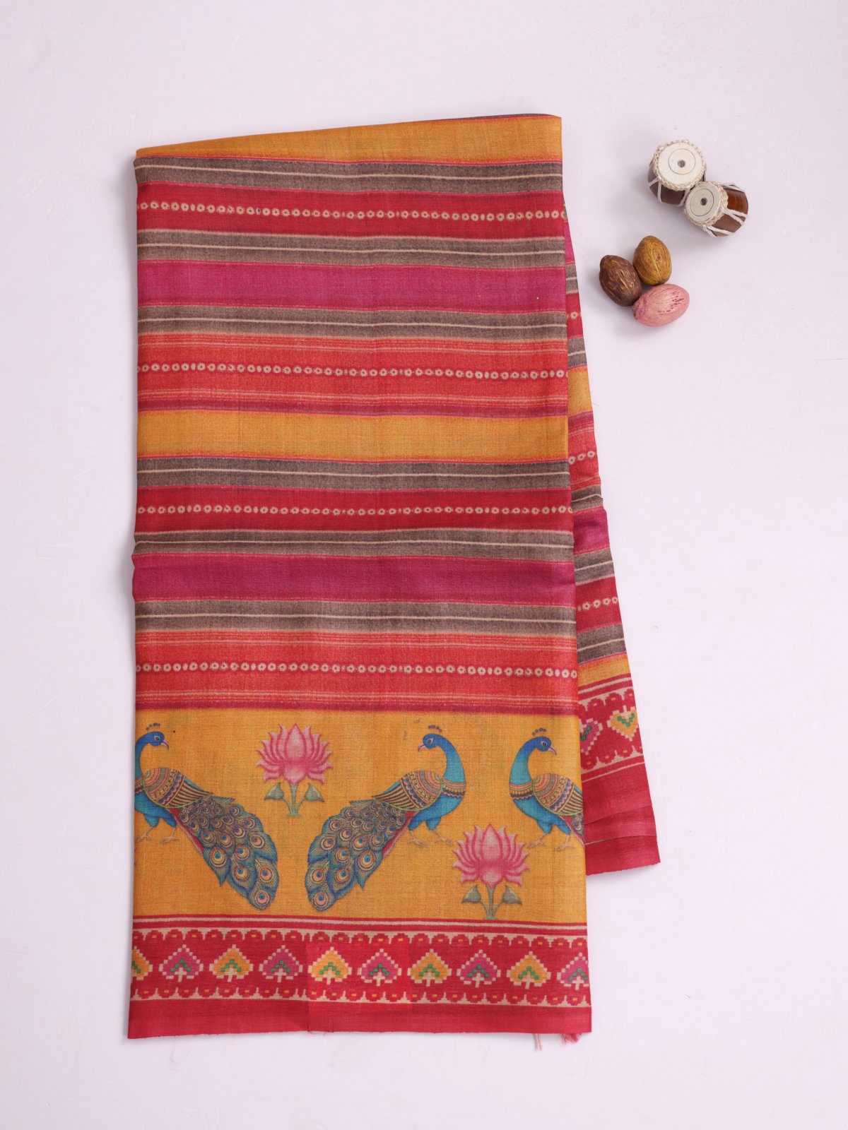 Multicolor Striped Printed Tussar Silk Saree With Mustard Yellow Border