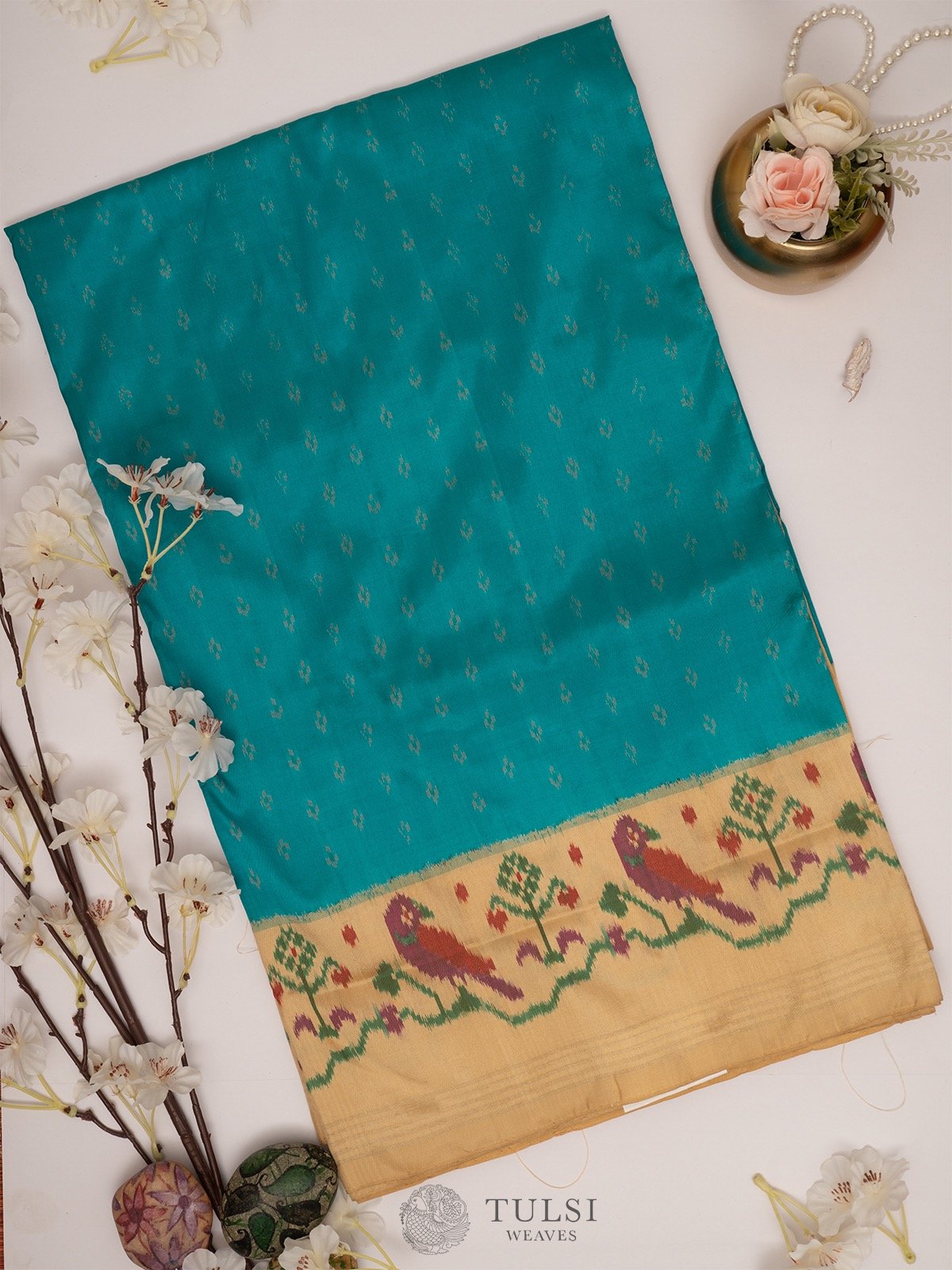 Blue Ikat Silk Saree with Beige border