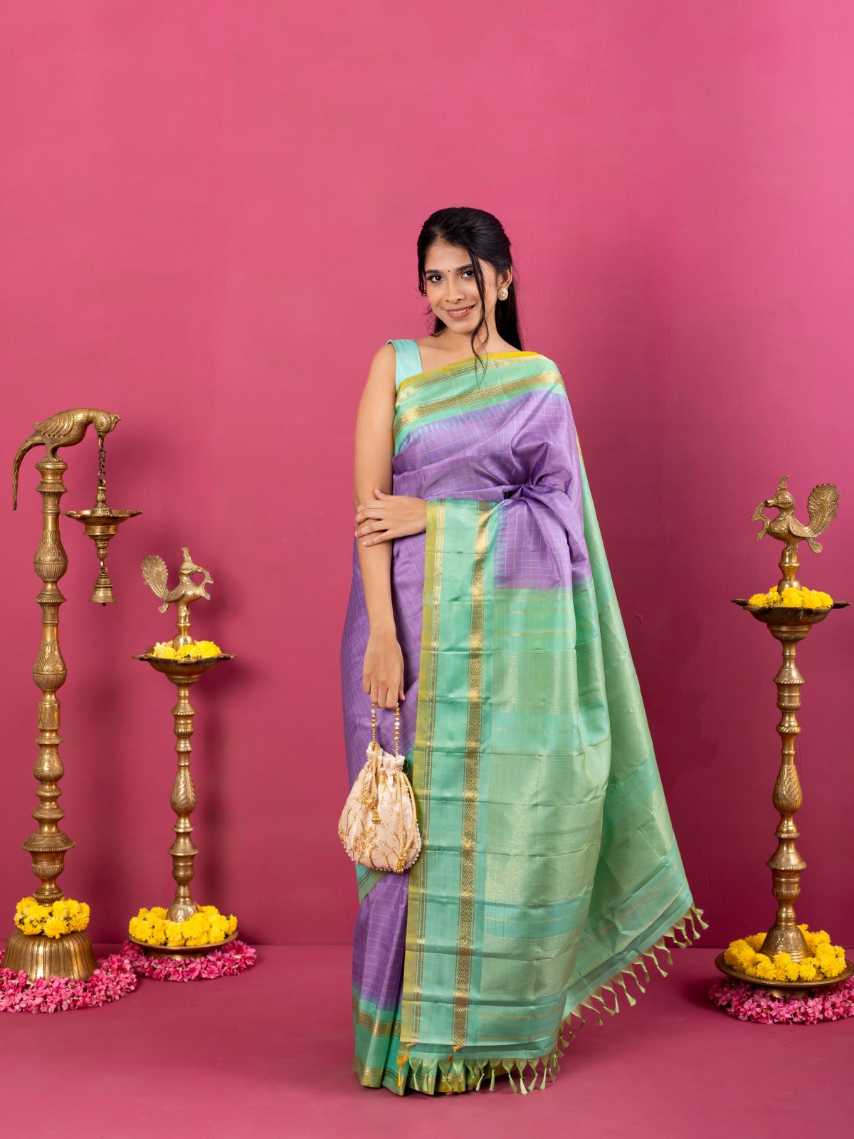 Lavender Checked Gadwal Silk Saree