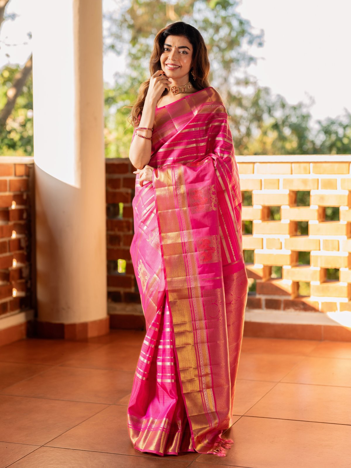 Pink Kanjeevaram Silk Saree with Self Zari Border 