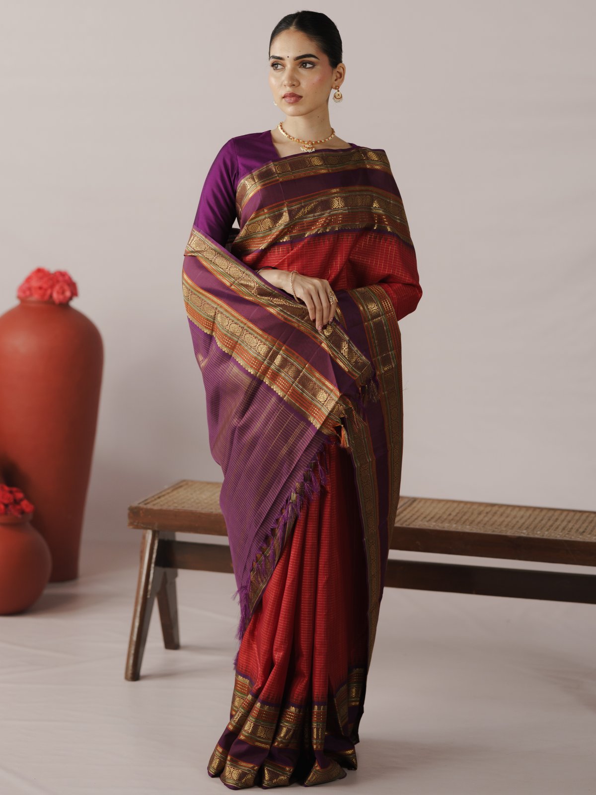 Dark Red Checked Kanjeevaram Silk Saree With Purple Border