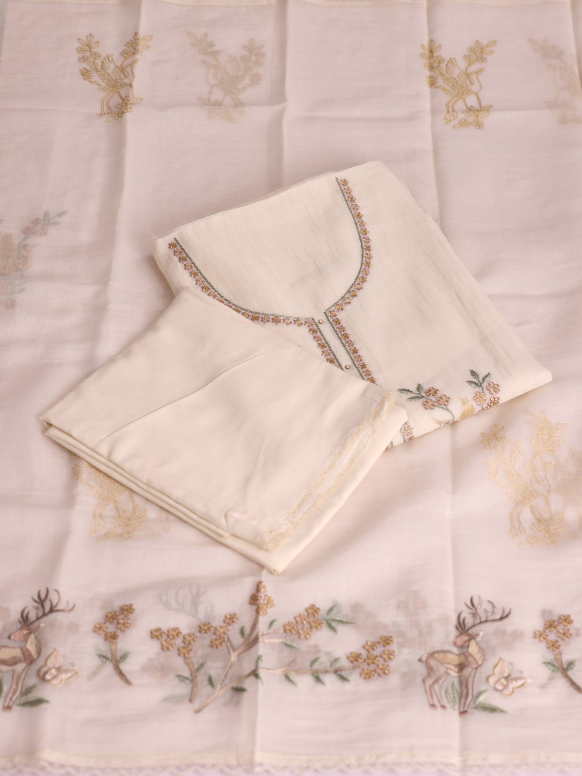 Off-White Embroidered Mul Chanderi Cotton Salwar Material