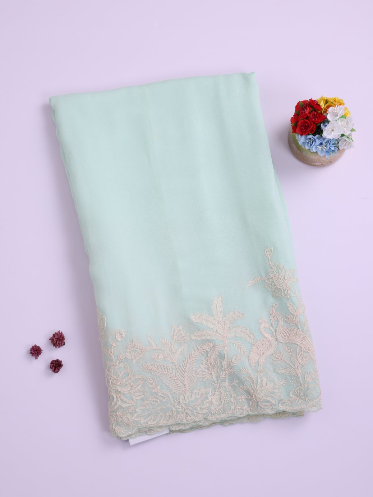 Light Blue Embroidered Chiffon Saree