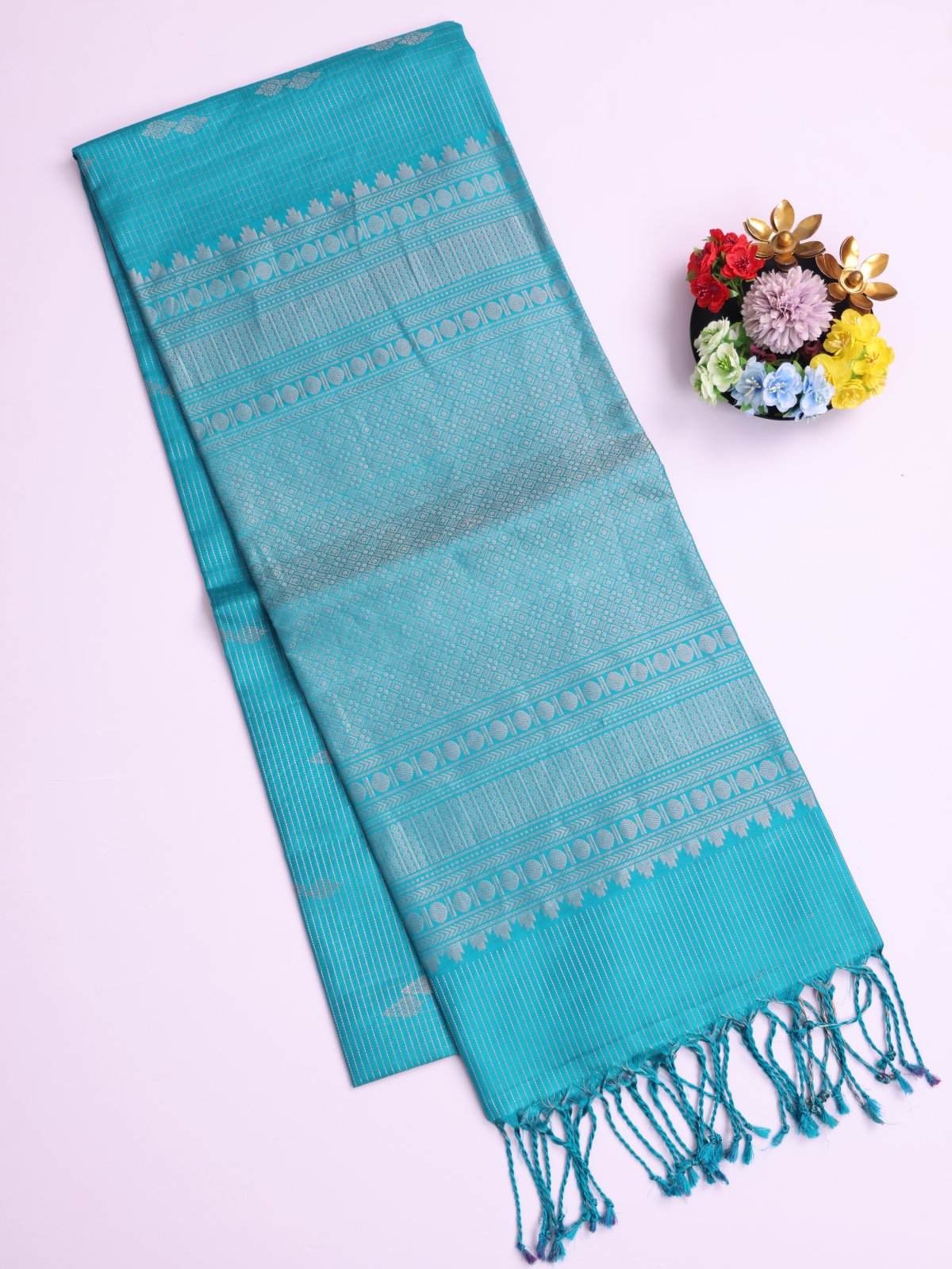 Turquiose Blue Zari Checked Soft Silk Saree