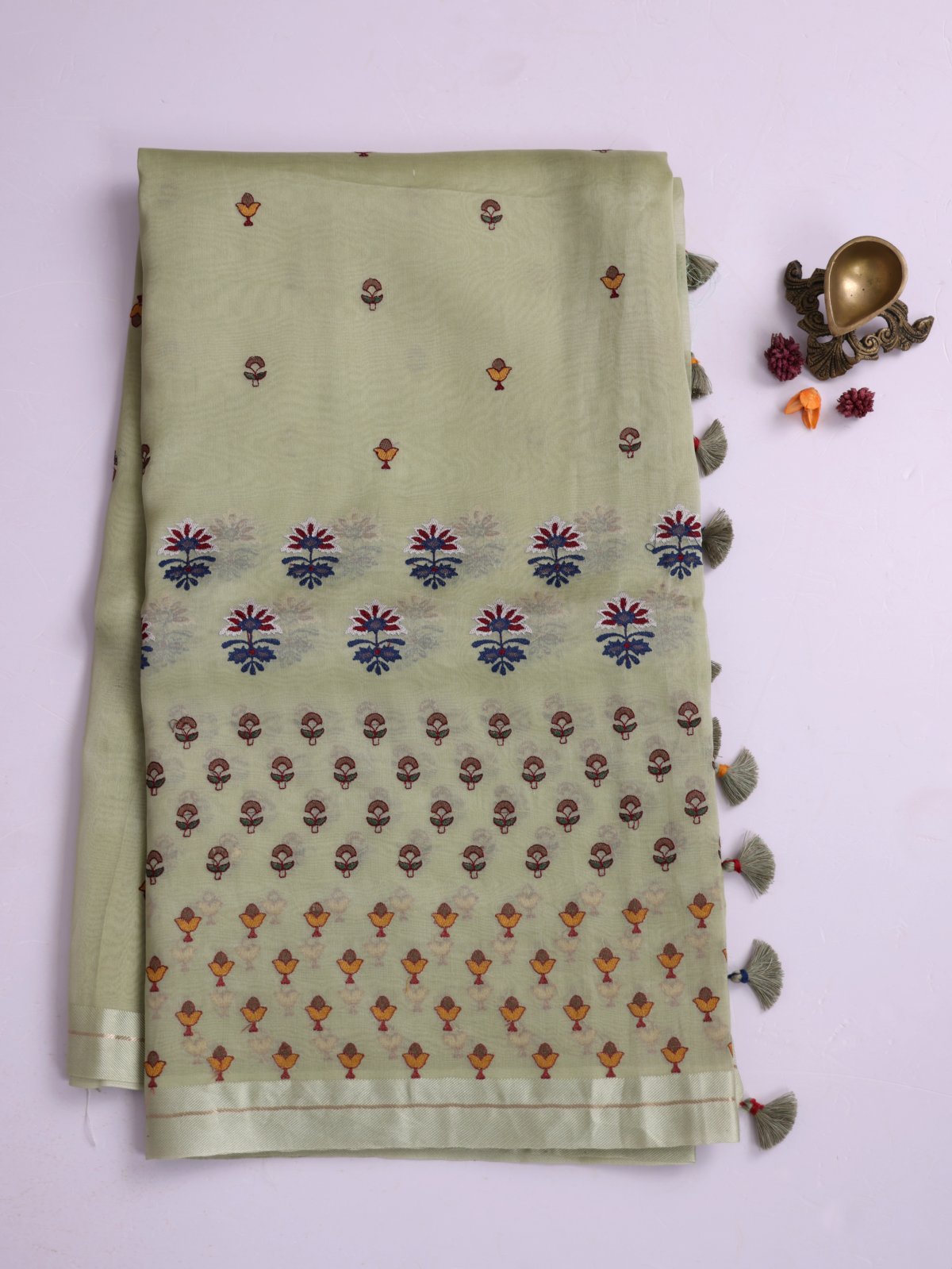 Pastel Green Embroidered Organza Silk Saree