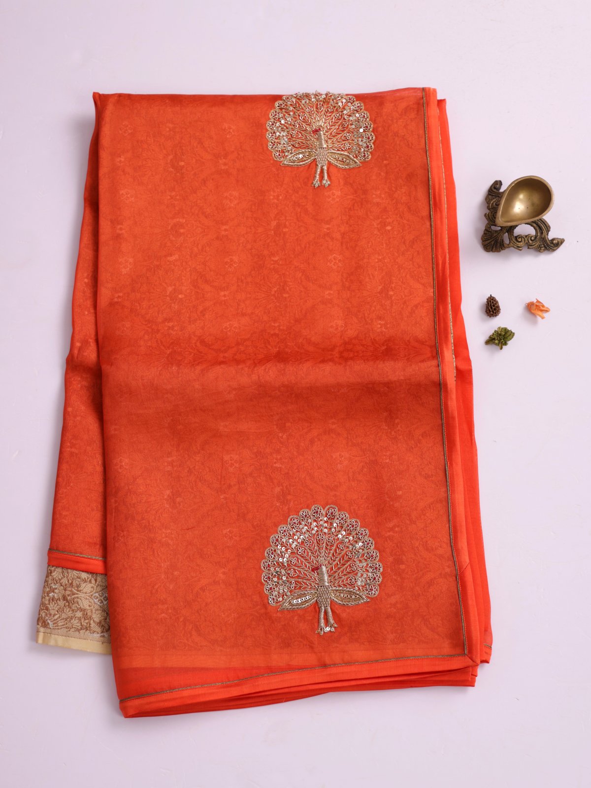 Bright Orange Embroidered Organza Silk Saree
