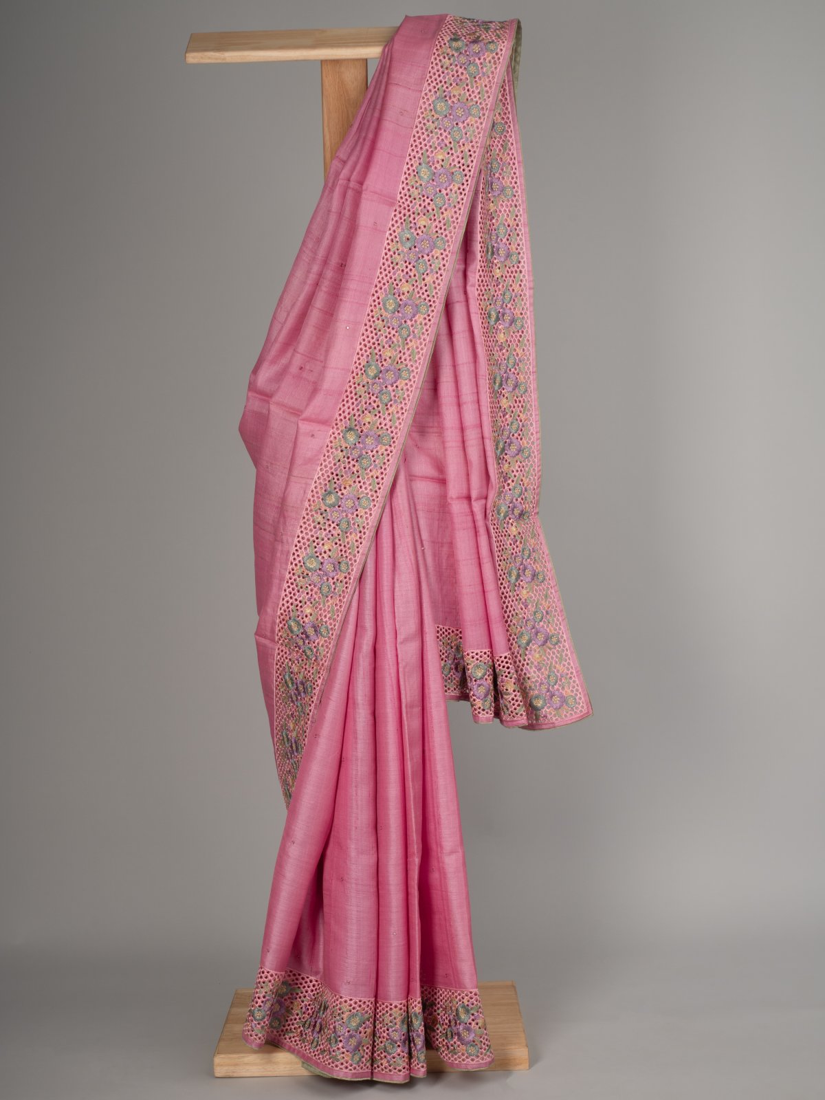 Light Pink Tussar Silk Saree With Cutwork Embroidery