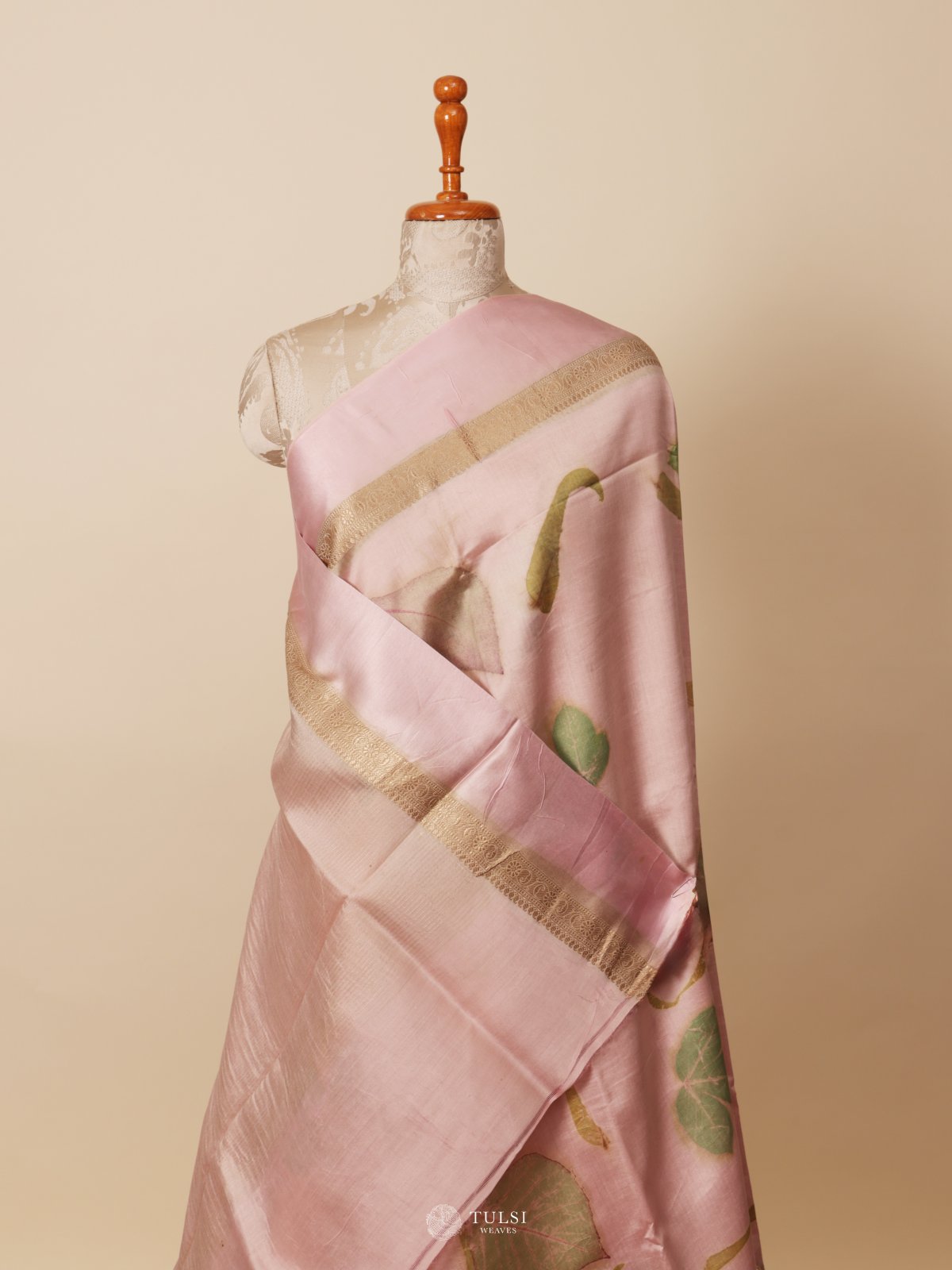 Light Pink Eco Print Silk Saree With Satin Border
