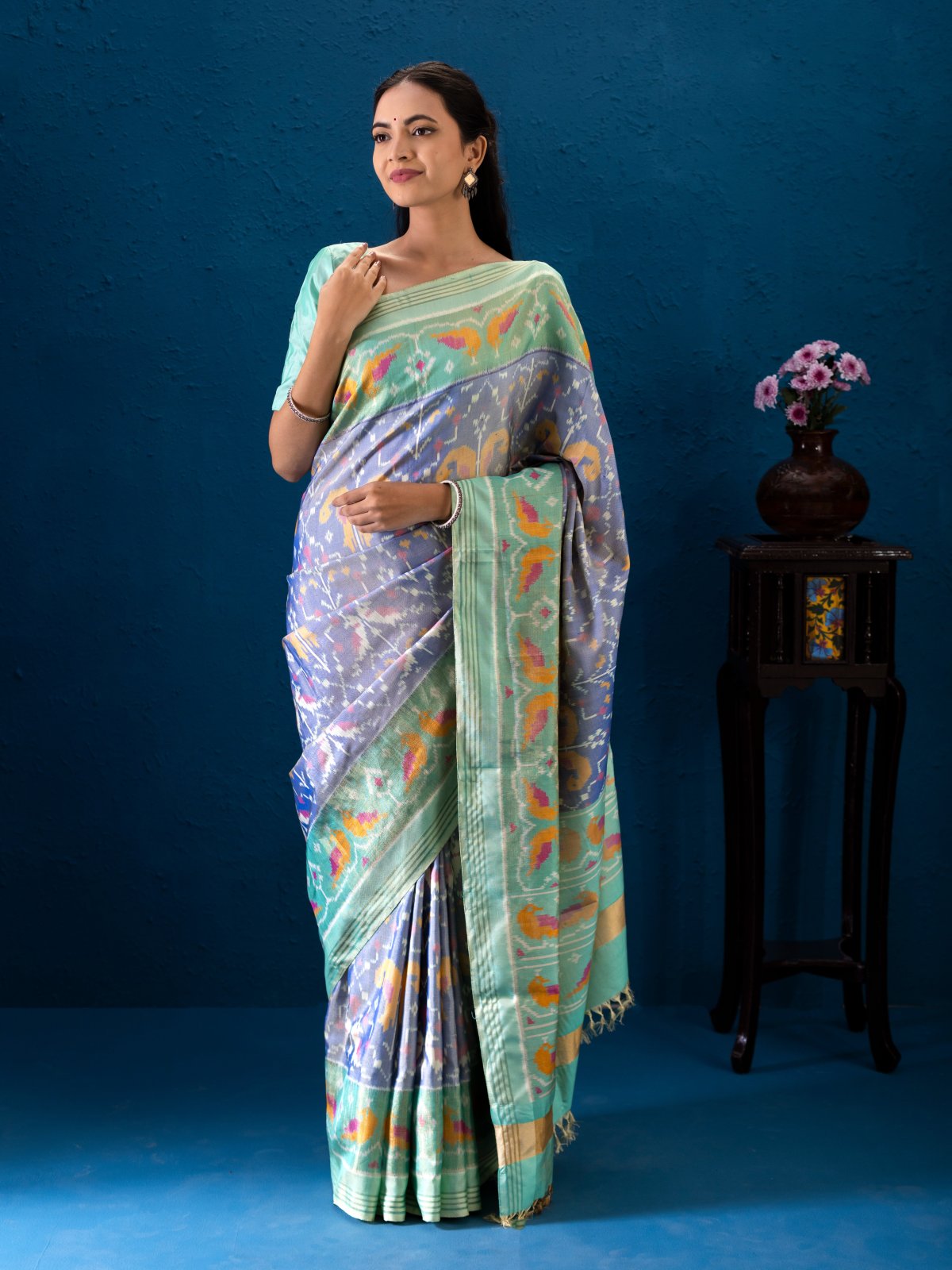 Blue Patola Silk Saree with Mint Green Border