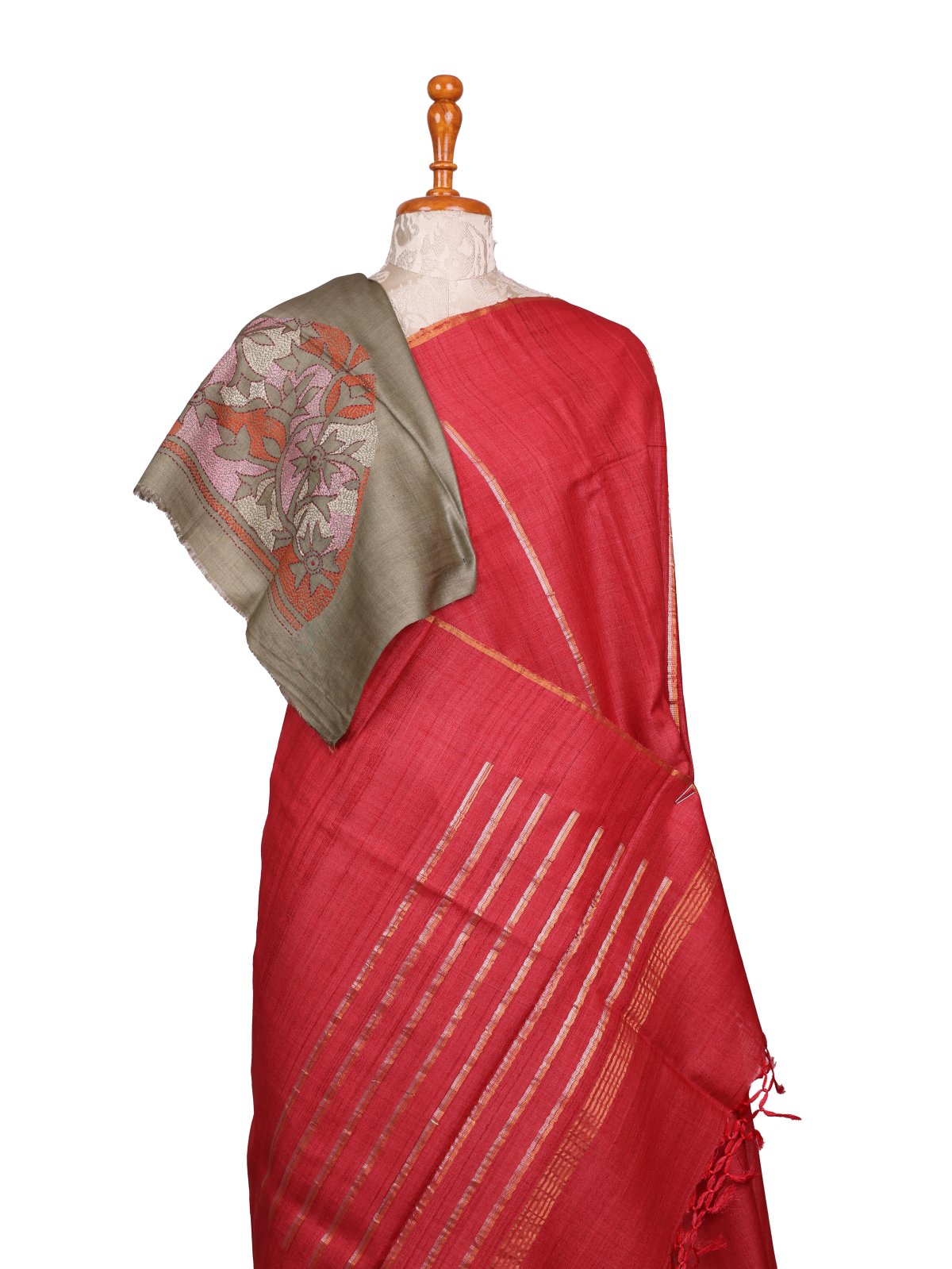 Red Zari Striped Tussar Silk Saree With Embroidered Blouse