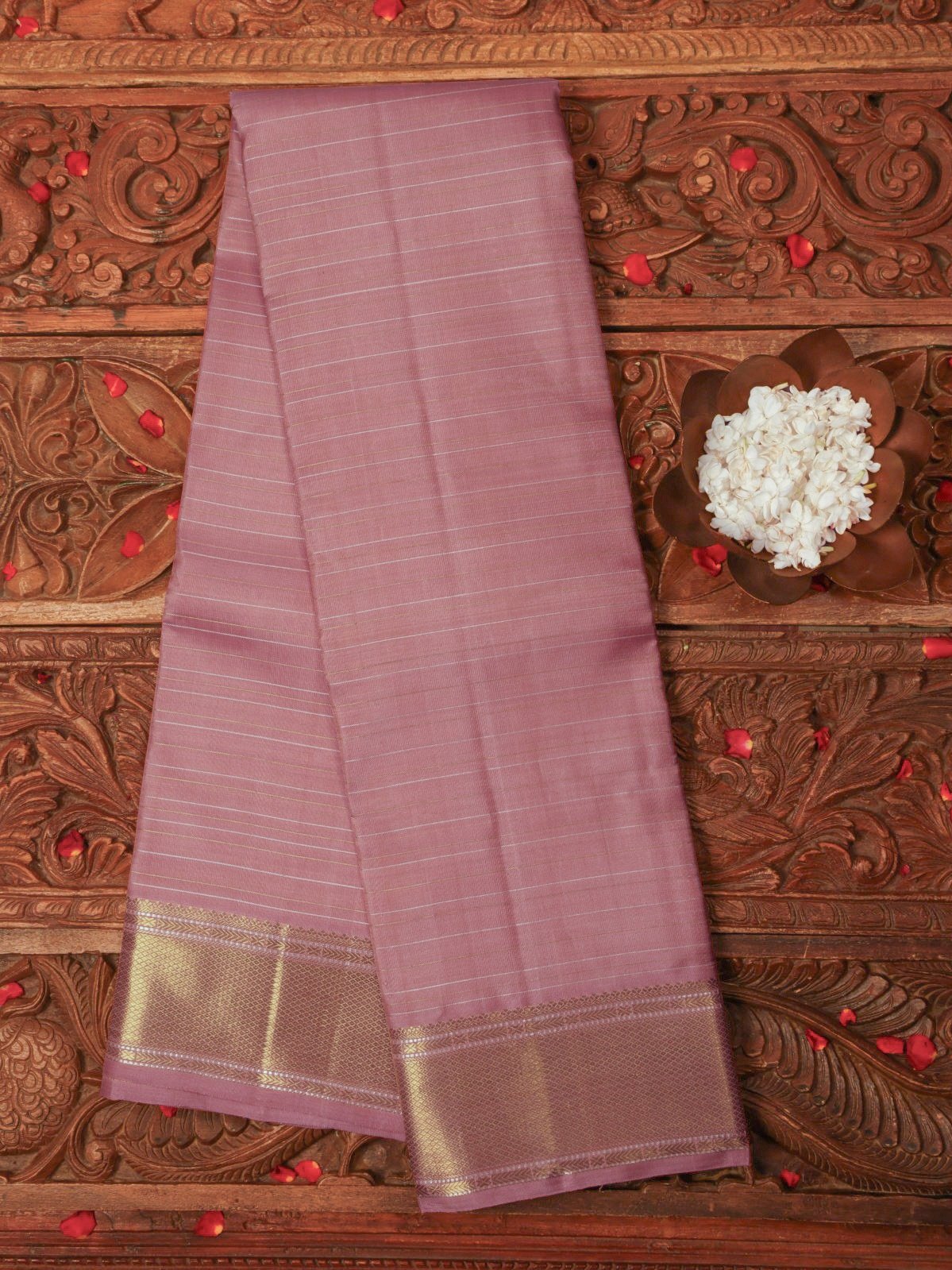 Dusty Pink Kanjeevaram Silk Saree With Gold Zari Border