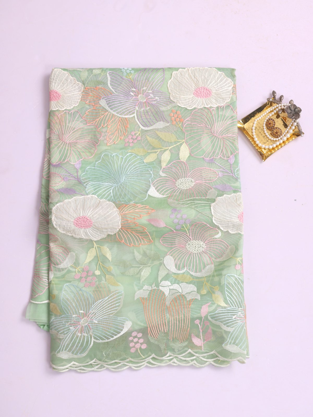 Light Green Embroidered Organza Silk Saree With Applique Work 