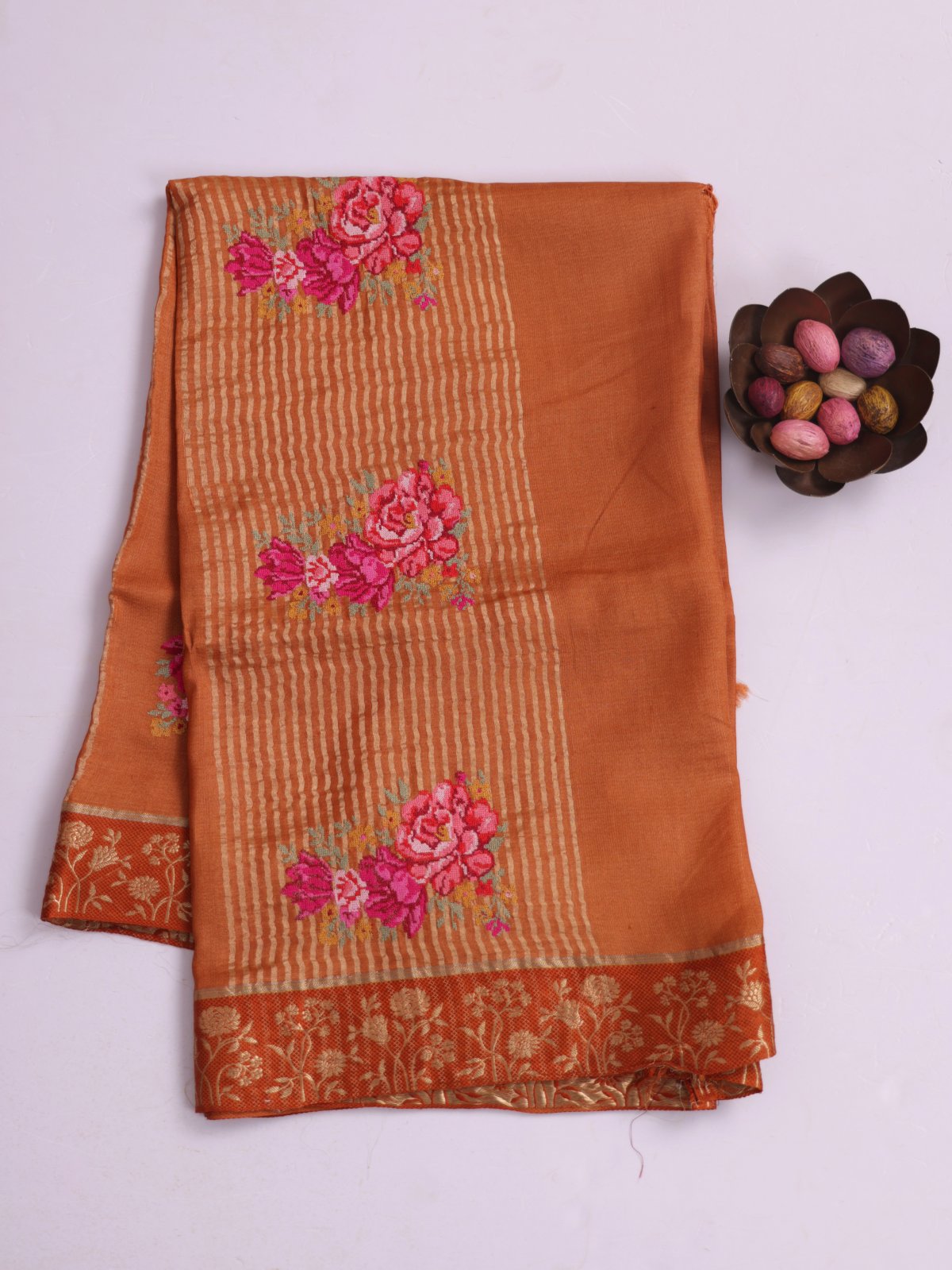Rust Orange Tussar Silk Saree With Cross-Stitch Embroidery